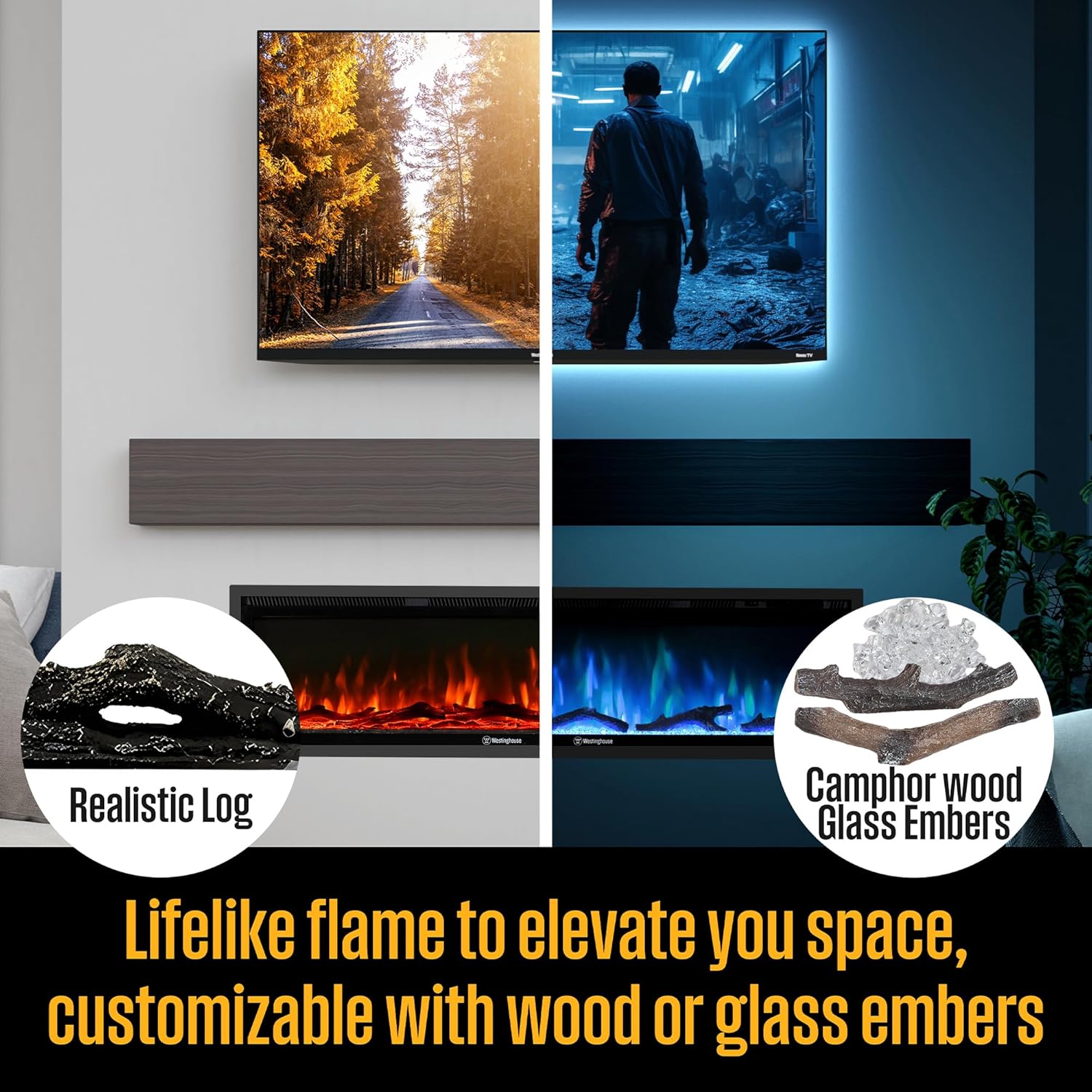 Westinghouse 60 Inch Electric Fireplace Heater, Compatible with Alexa & Google Home, Wall Mount or in-Wall Recessed Fireplace Insert, 24 Hour Timer, Color Changing Flames, 750W/1500W Indoor Heater