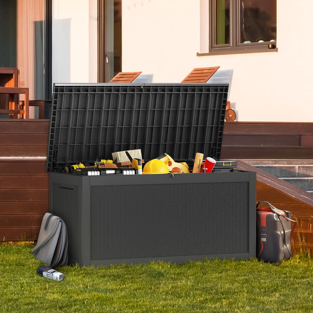 TARKARI 320 Gallon Lockable Resin Deck Box  Waterproof & UV-Resistant Outdoor Storage Box for Outdoor Cushion Storage  Garden Tools & Pool Accessories Storage  Black