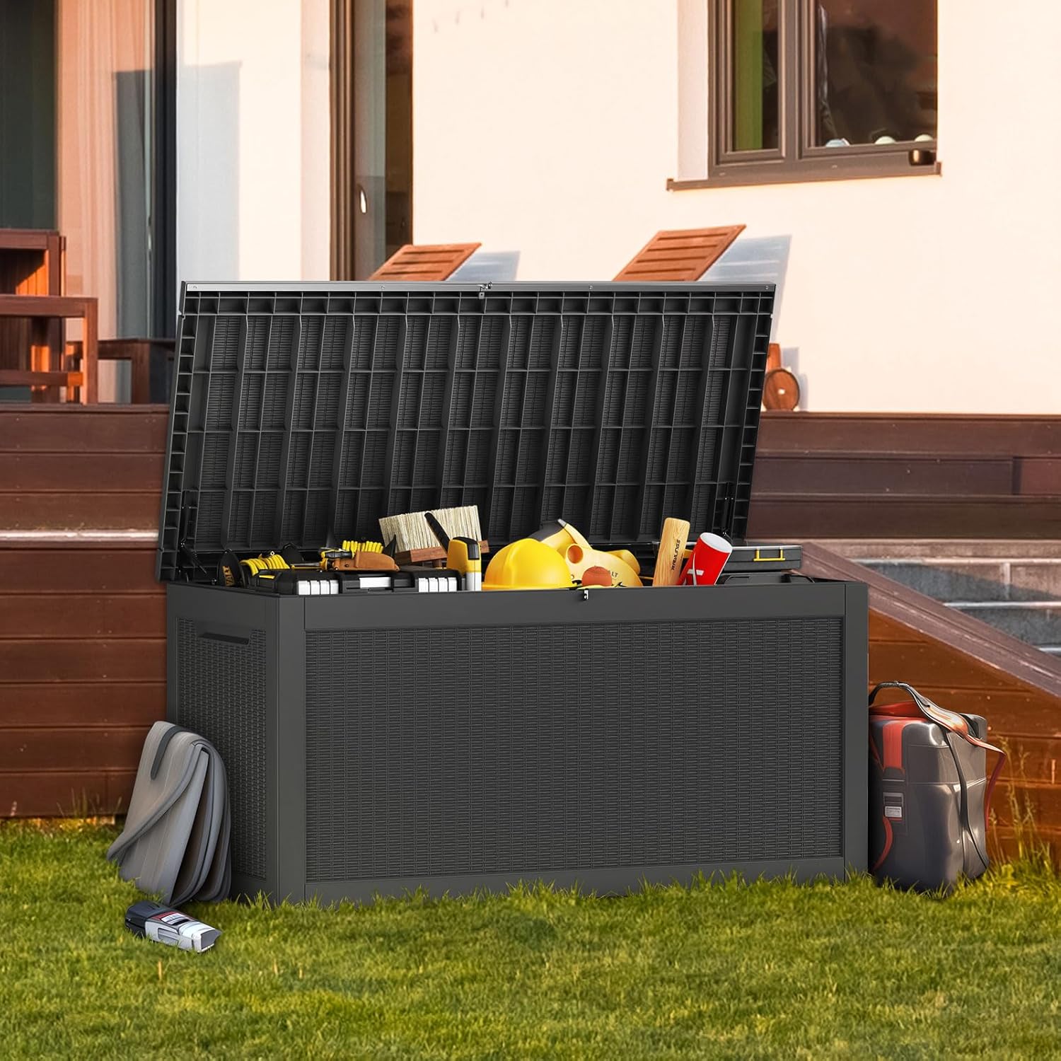 TARKARI 320 Gallon Lockable Resin Deck Box  Waterproof & UV-Resistant Outdoor Storage Box for Outdoor Cushion Storage  Garden Tools & Pool Accessories Storage  Black