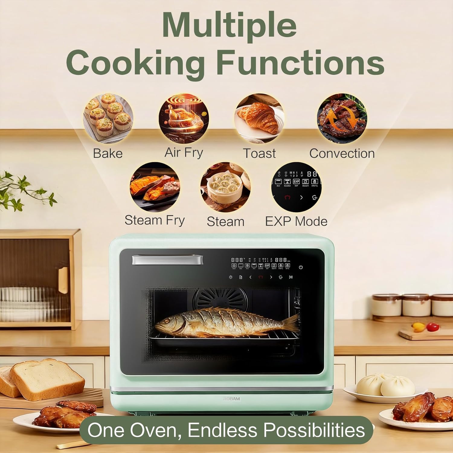 ROBAM Toaster Air Fryer Steam Oven Combo, Countertop Convection Cooker with Fry & Bake, 1.2 Cu.Ft Large Capacity Combi Oven, Smart Touch Precise Temp Control, Multi-Stage, 32 Preset Recipes (Green)