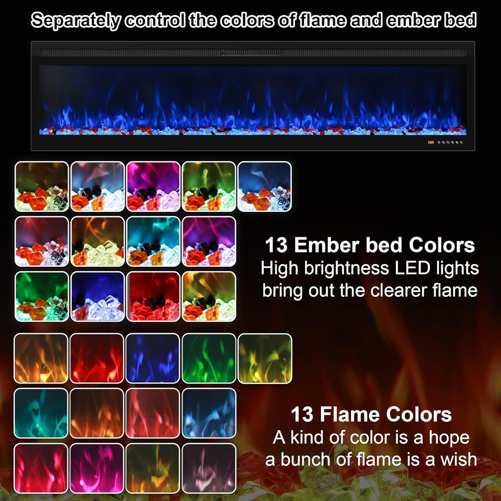 Linear Smart WiFi Electric Fireplace 72 Inch, APP & Touch Screen & Remote Control, 169 Realistic Flame Color Combinations, Timer & Thermostat Fireplace Heater,1500W