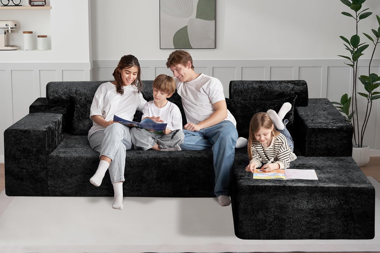 HABUTWAY 105" L-Shape Modular Sectional Sofa Couch for Living Room,No Assembly Required,Modular Comfy Sofa with Deep Seat for Living Room Bedroom,Luxury Distressed Velvet(Right,Black)