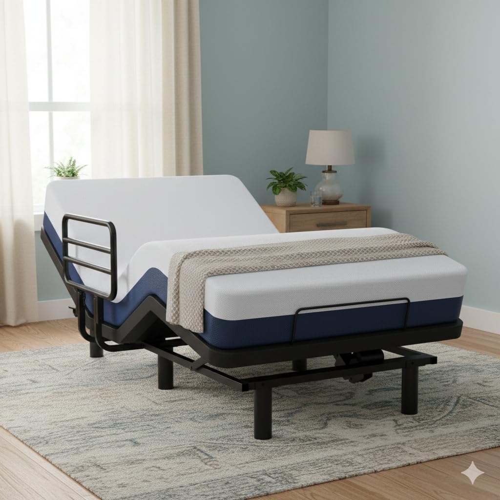 Adjustable Twin XL Bed Frame with One Side Rail, Electric Ergonomic Base for Comfort & Safety – Ideal for Seniors, Home Care & Hospital Use