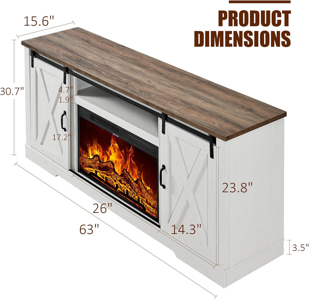 AMERLIFE Fireplace TV Stand with Sliding Barn Door for TVs up to 73", Farmhouse 63" Fireplace Entertainment Center with Storage Cabinets/Adjustable Shelves, Distressed White & Barnwood