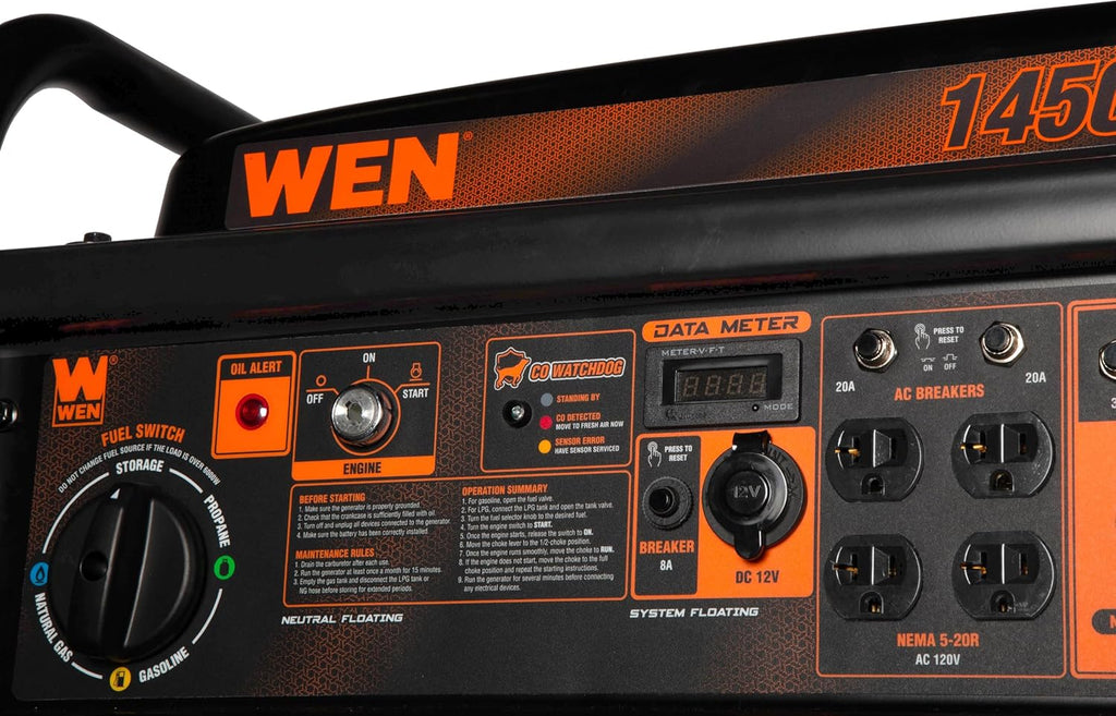 WEN 14 500-Watt 120V/240V Tri-Fuel Generator for Gas  Propane  and Natural Gas  Transfer-Switch Ready with Electric Start  Wheel Kit  and CO Watchdog (TF1450X)