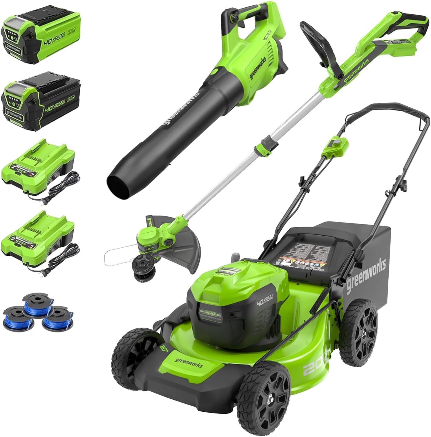 Greenworks 40V 20" Cordless Push Lawn Mower Bundle with Axial Leaf Blower(500 CFM / 120 MPH)  12" String Trimmer  5Ah + 2Ah Batteries & Chargers