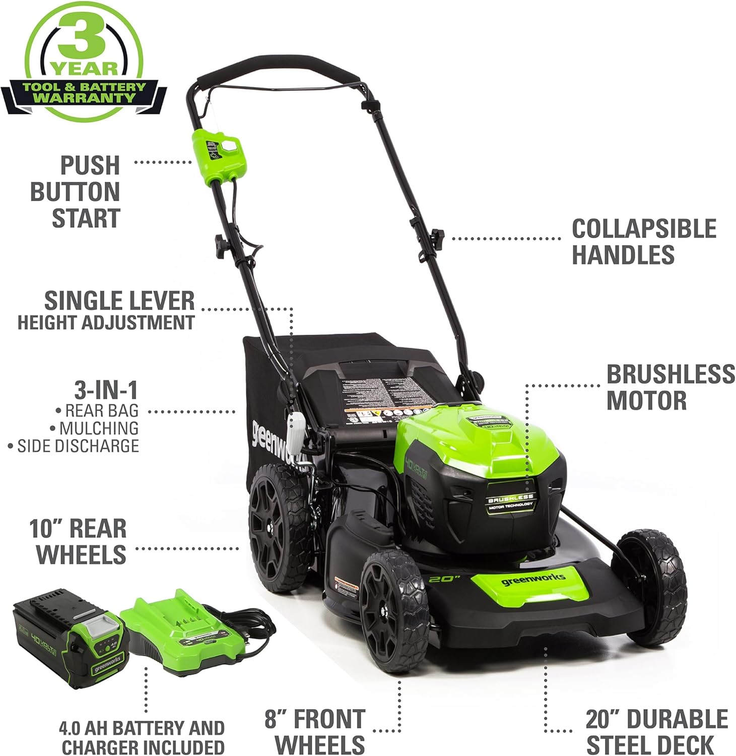 Greenworks 40V 20" Cordless Push Lawn Mower Bundle with Axial Leaf Blower(500 CFM / 120 MPH)  12" String Trimmer  5Ah + 2Ah Batteries & Chargers