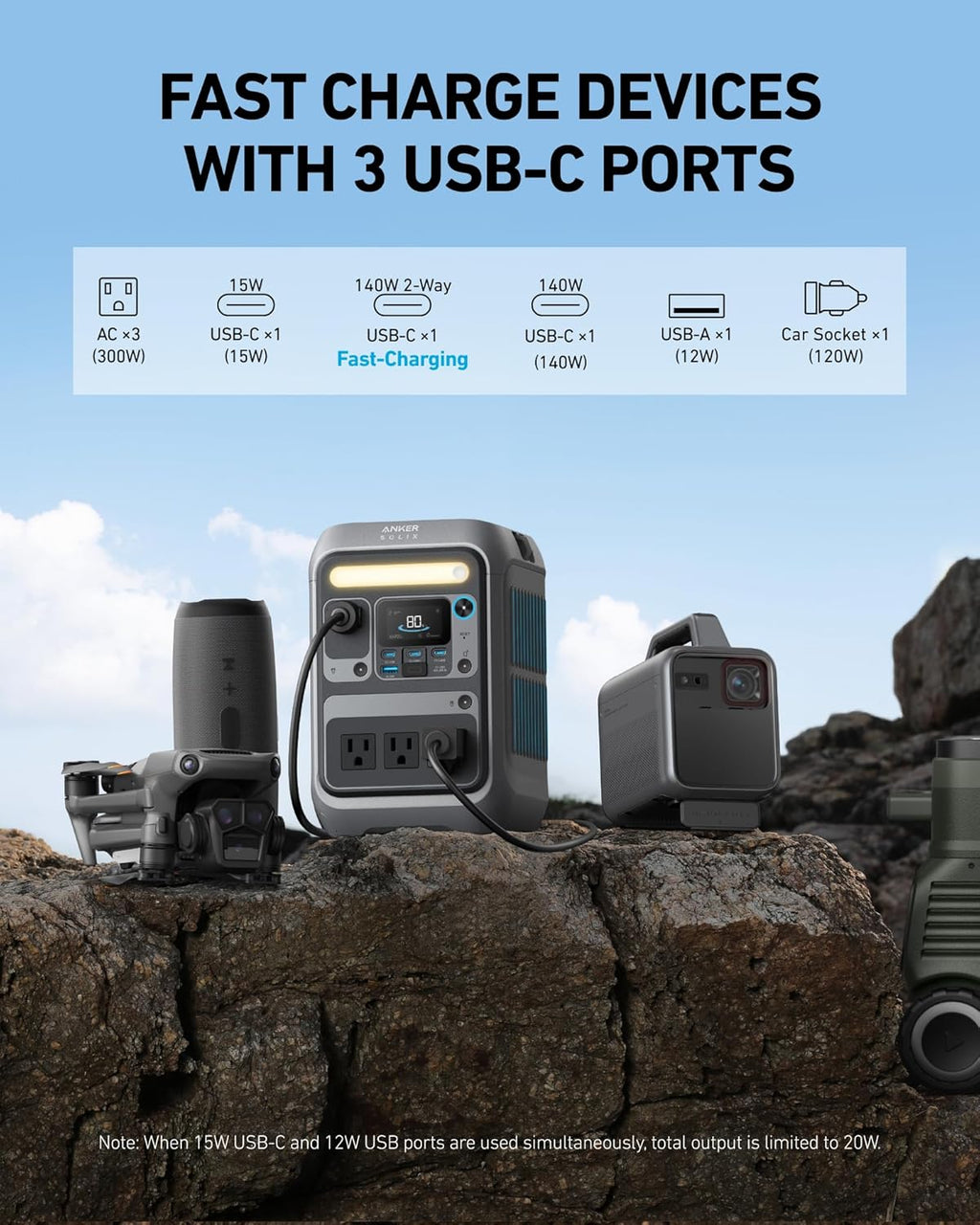 Anker Portable Power Station SOLIX C300  288Wh LiFePO4 Battery  300W (600W Surge) Solar Generator  140W Two-Way Fast Charging  for Outdoor Camping  Traveling  and Emergencies (Solar Panel Optional)