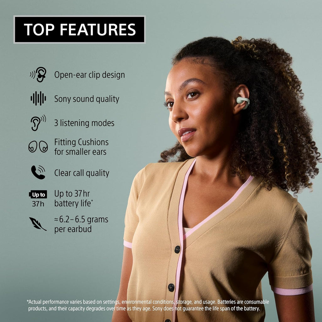 Sony LinkBuds Clip Open-Ear Truly Wireless Earbuds  Comfortable & Secure Fit  Lightweight Clip-On Design  Touch Controls  Ambient Sound Awareness  Water Resistant  Up to 37 Hrs of Playback  Black