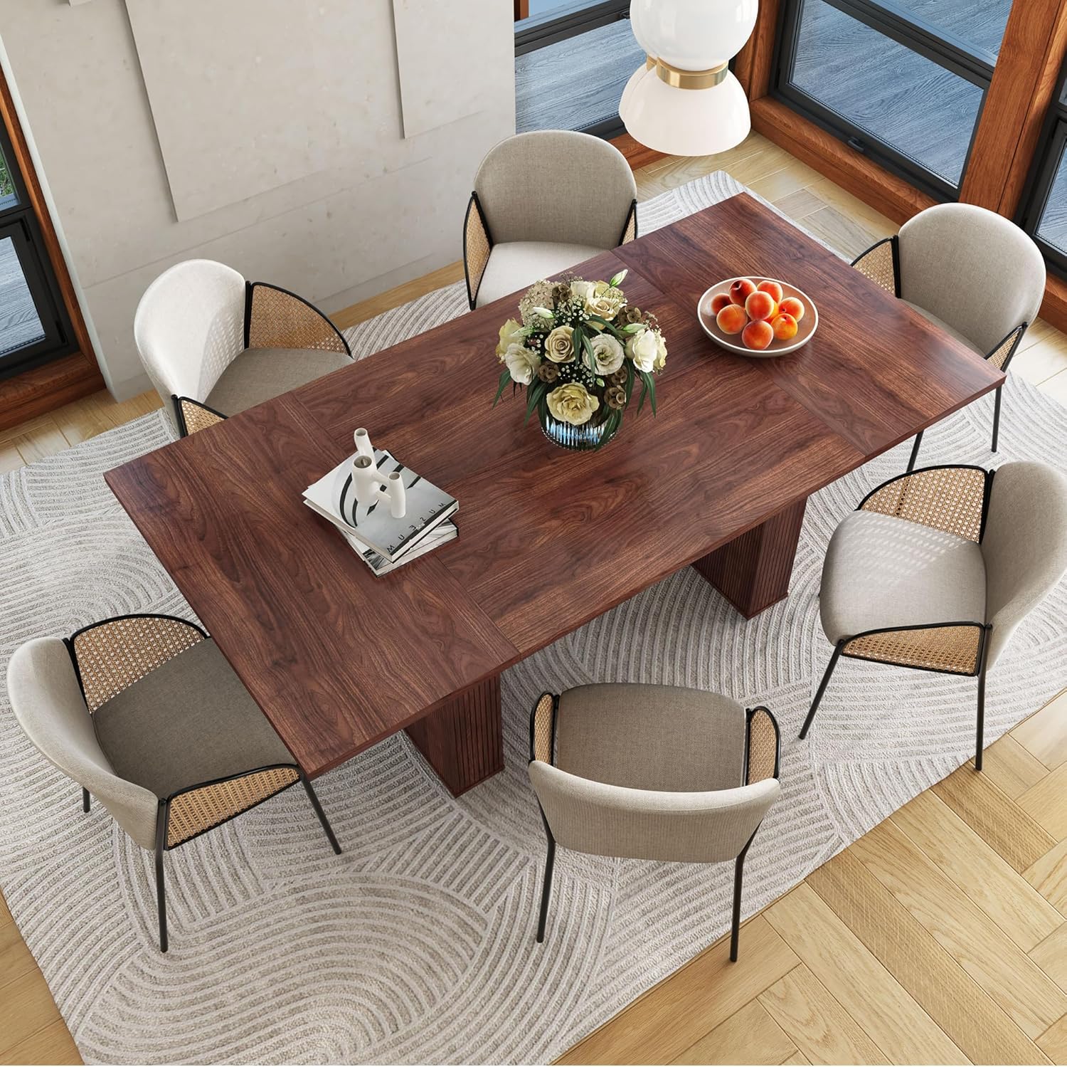 78 Inch Dining Table for 6 8 10, Modern Farmhouse Rectangular Kitchen Table, Long Dining Room Tables with Wood Strip Base for Kitchen Living Room (Walnut)