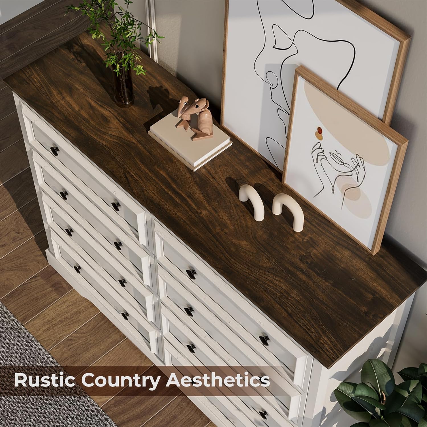 Farmhouse 8 Drawer Dresser for Bedroom, 54" Wide Wood Dresser with Natural Texture, Vintage Metal Double Hand Knobs, Rustic Chest of Drawers for Bedroom, Living Room, Hallway, Antique White