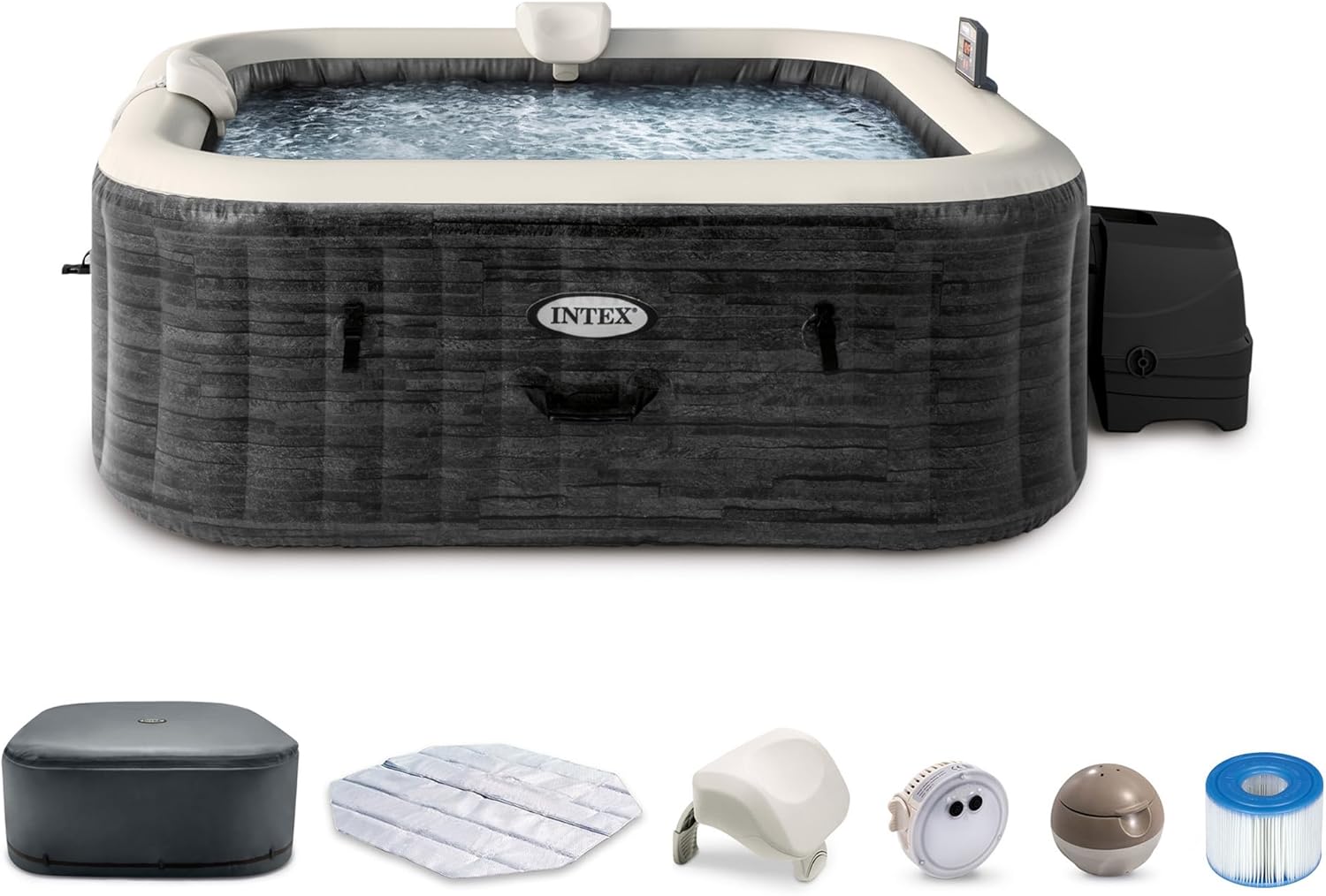 INTEX 28451EP PureSpa Greystone Deluxe Spa Set: Includes Energy Efficient Spa Cover and Wireless Control Panel – Spa Control App – Built-In FastFill Inflation System – 6 Person Capacity – 77" x 28"