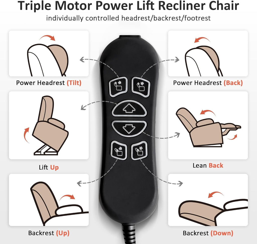 MCombo Large Triple Motor Power Lift Recliner Chair with Massage and Dual Heating, Adjustable Headrest for Tall Elderly People, Fabric 7634 (Coffee, Large)