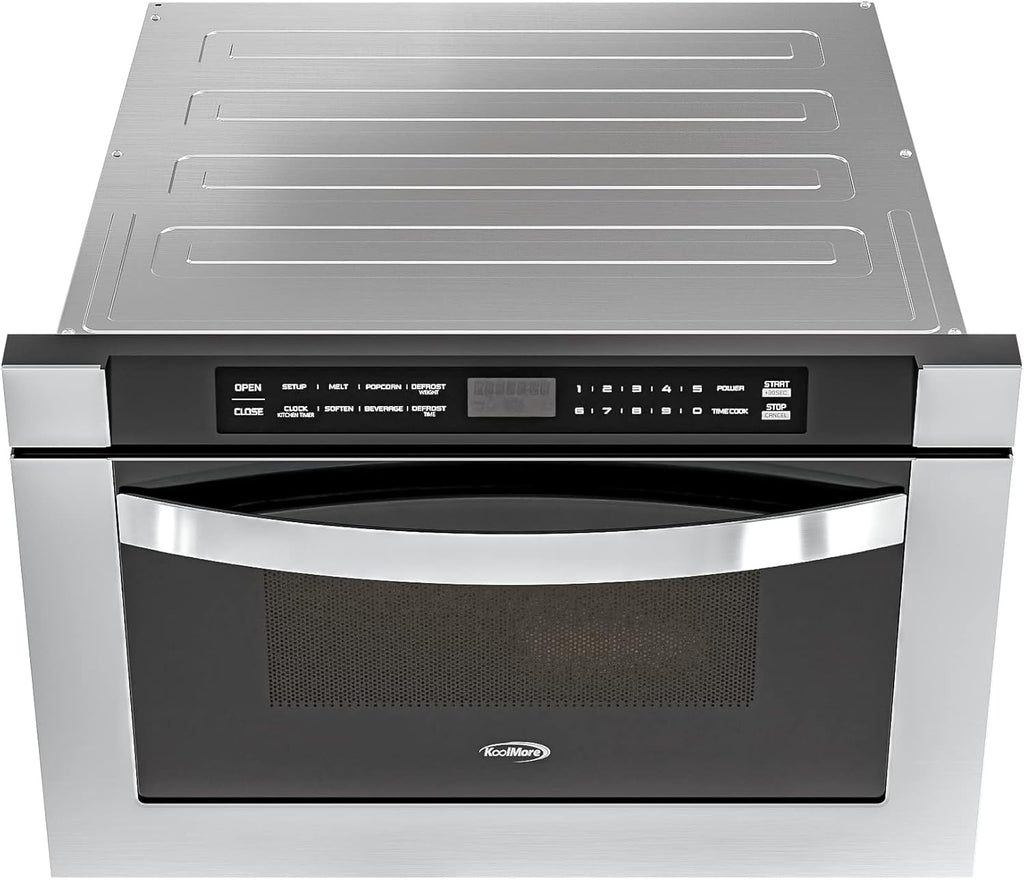 KoolMore 24 Inch Stainless-Steel Microwave Drawer with 1.2 cu. ft. Capacity, 1000W Power with 10 Custom Cooking Levels, Memory, and Timer Functions, Wall-Mounted with Flat Bottom (KM-MD-1SS)