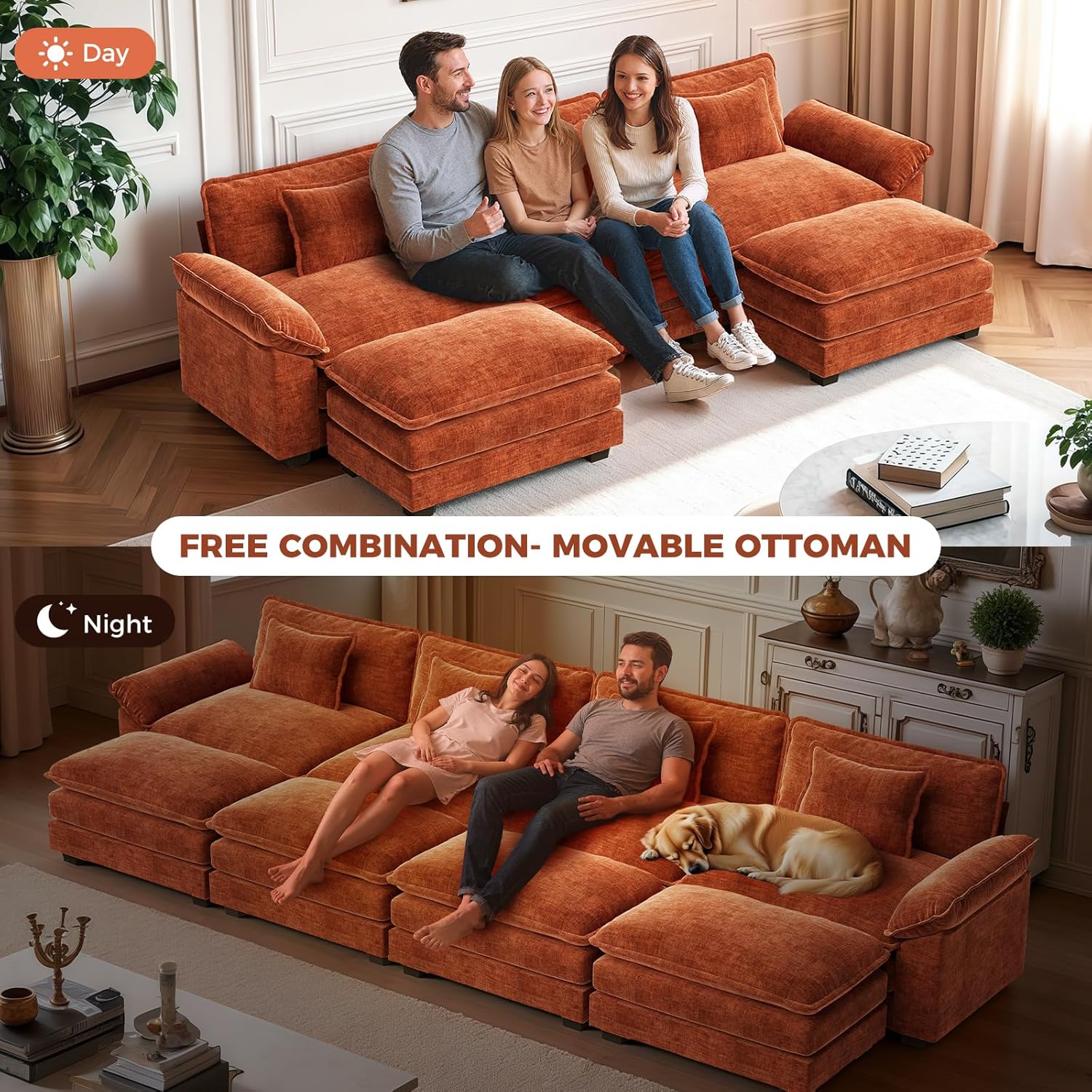 CDCASA 154" Oversized Modular Sectional Sofa, Comfy U-Shaped Cloud Couch w/ 3 Movable Ottomans, 7-Seater Chenille Deep Seat Modern Sofa Couch for Living Room, Terracotta Orange