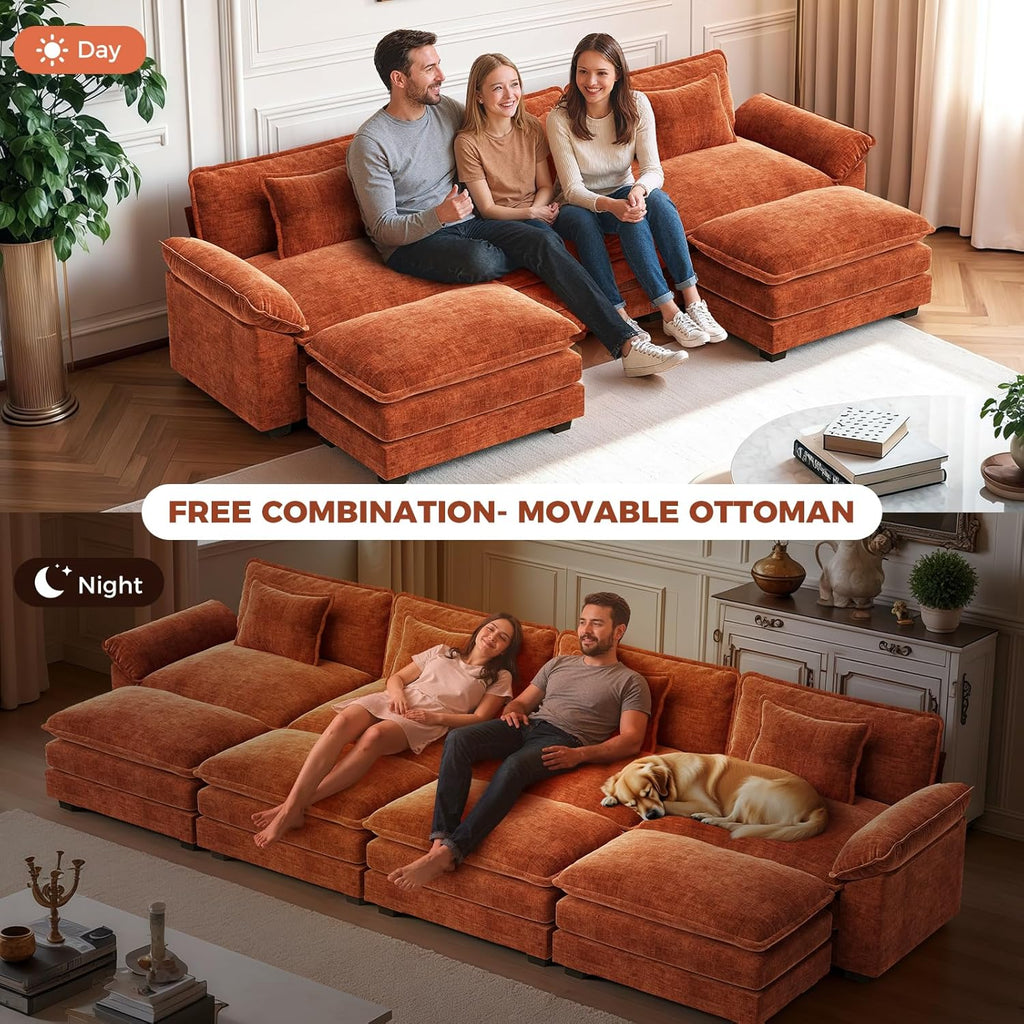 CDCASA 86" Modular Sectional Sofa, Comfy L-Shaped Cloud Couch with Movable Ottoman, 3-Seater Chenille Deep Seat Modern Sofa Couch for Living Room, Terracotta Orange