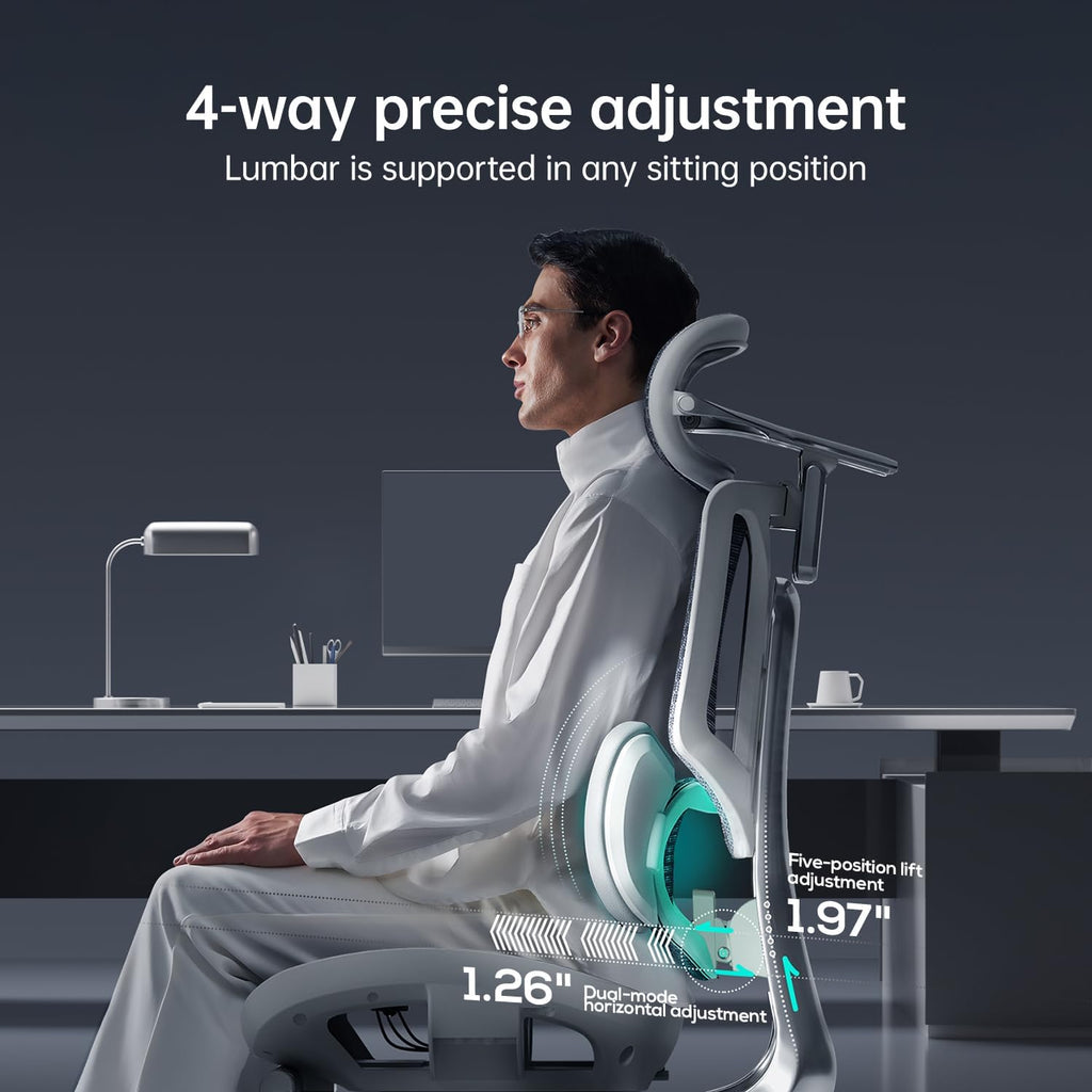 Hbada E3 Ultra Ergonomic Chair, with 3-Zone Dynamic Lumbar Support, 360° Mechanical Armrest, 4D Adjustable Headrest, Aluminum Alloy, Mesh Chair Grey