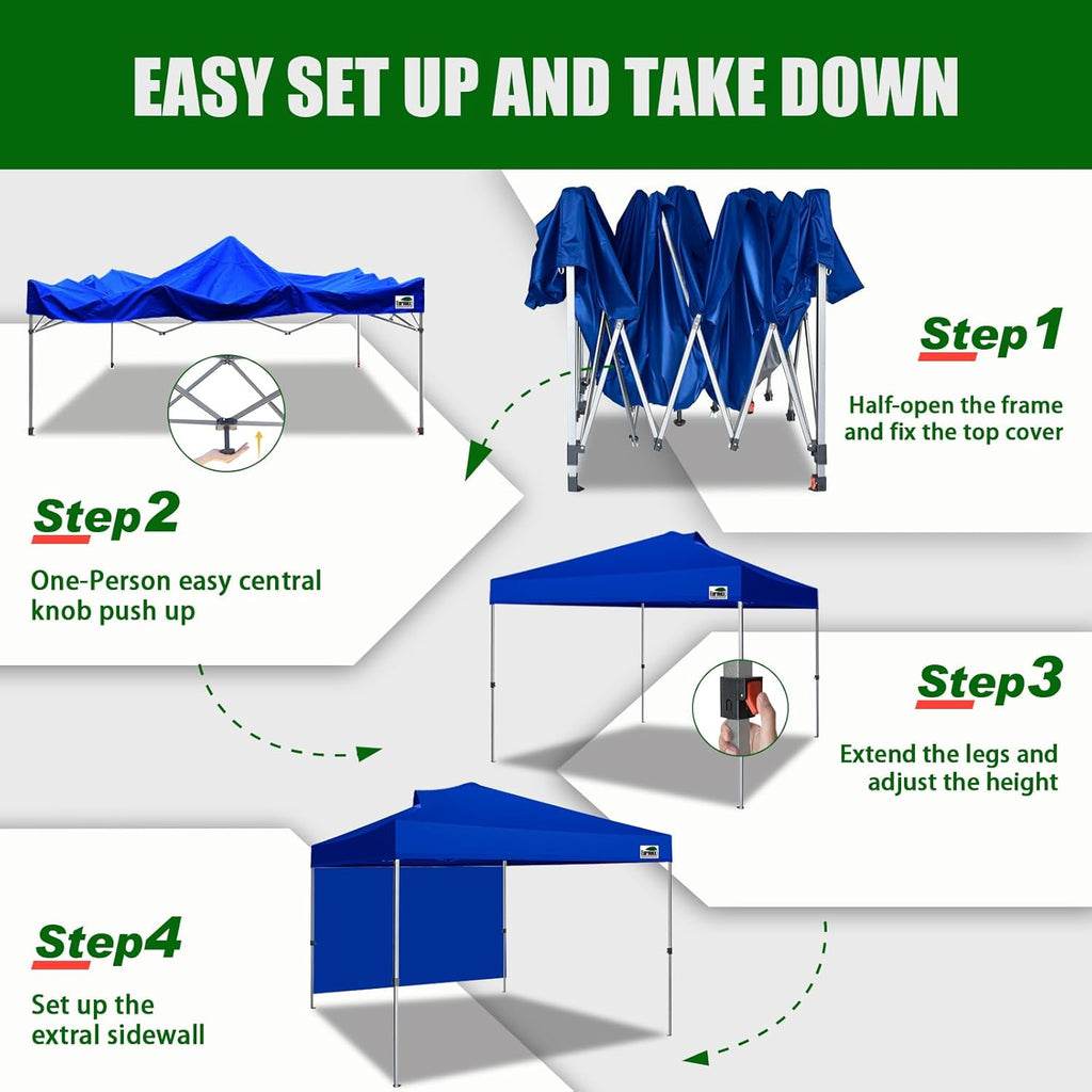 Eurmax USA NOMATTER ONE-Person Open&Close 10x10ft Pop Up Canopy Tent Portable Shelter Canopy for Outdoor Events with 1 Removable Sidewall Instant Canopies Temporary Sunshade Bonus 4 Sand Bags(Blue)