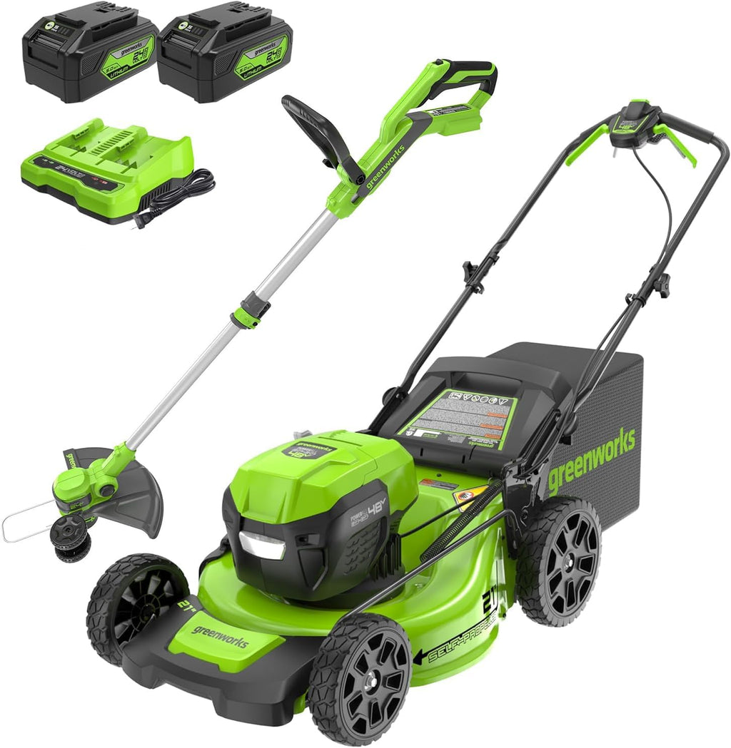 Greenworks 48V (24V x 2) 21" Cordless Battery Self-Propelled Lawn Mower w/Two (2) 5.0Ah USB Batteries & Charger 24V 12" Cordless Battery String Trimmer/Edger (Tool Only) Kit