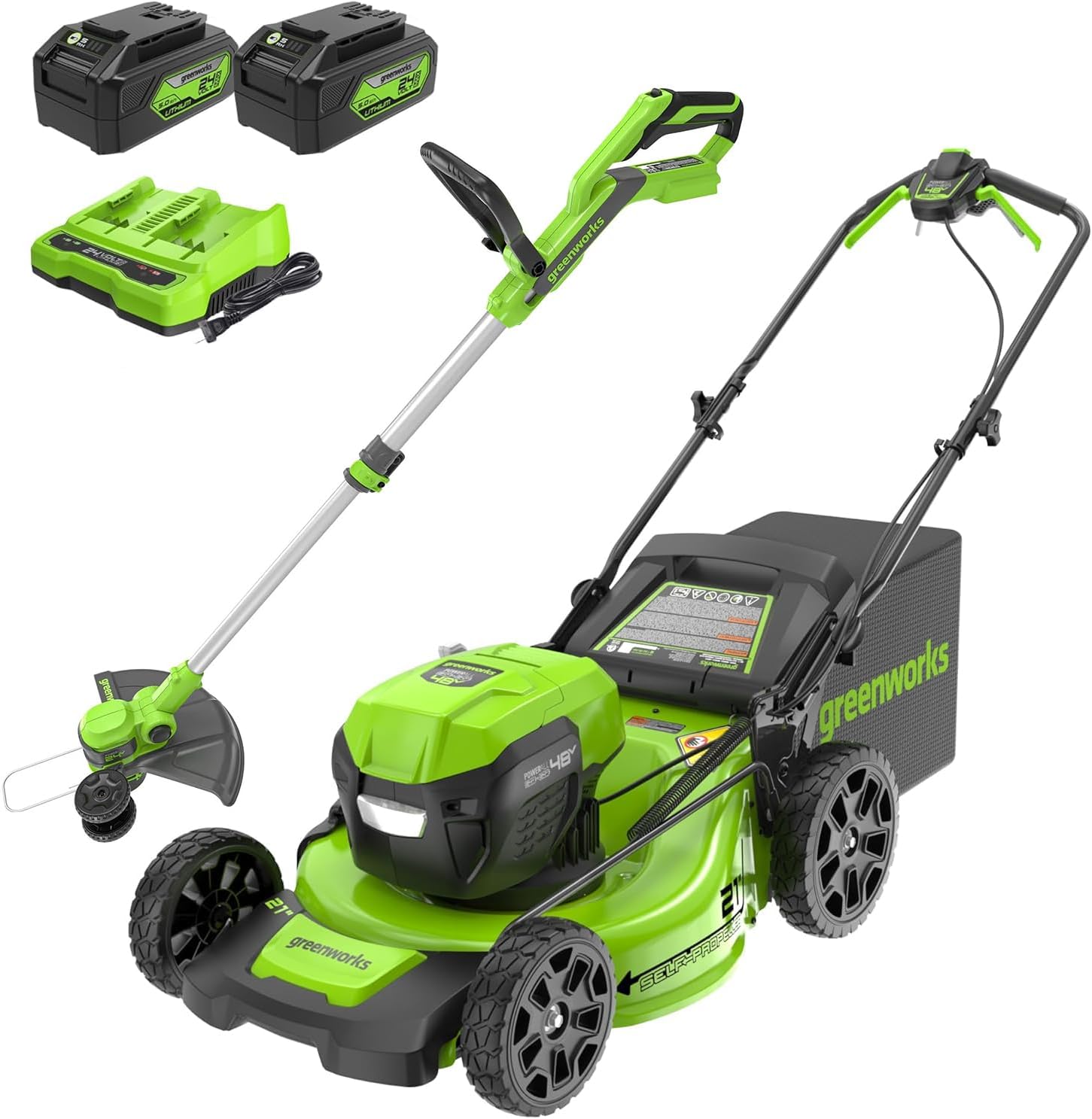Greenworks 48V (24V x 2) 21" Cordless Battery Self-Propelled Lawn Mower w/Two (2) 5.0Ah USB Batteries & Charger 24V 12" Cordless Battery String Trimmer/Edger (Tool Only) Kit