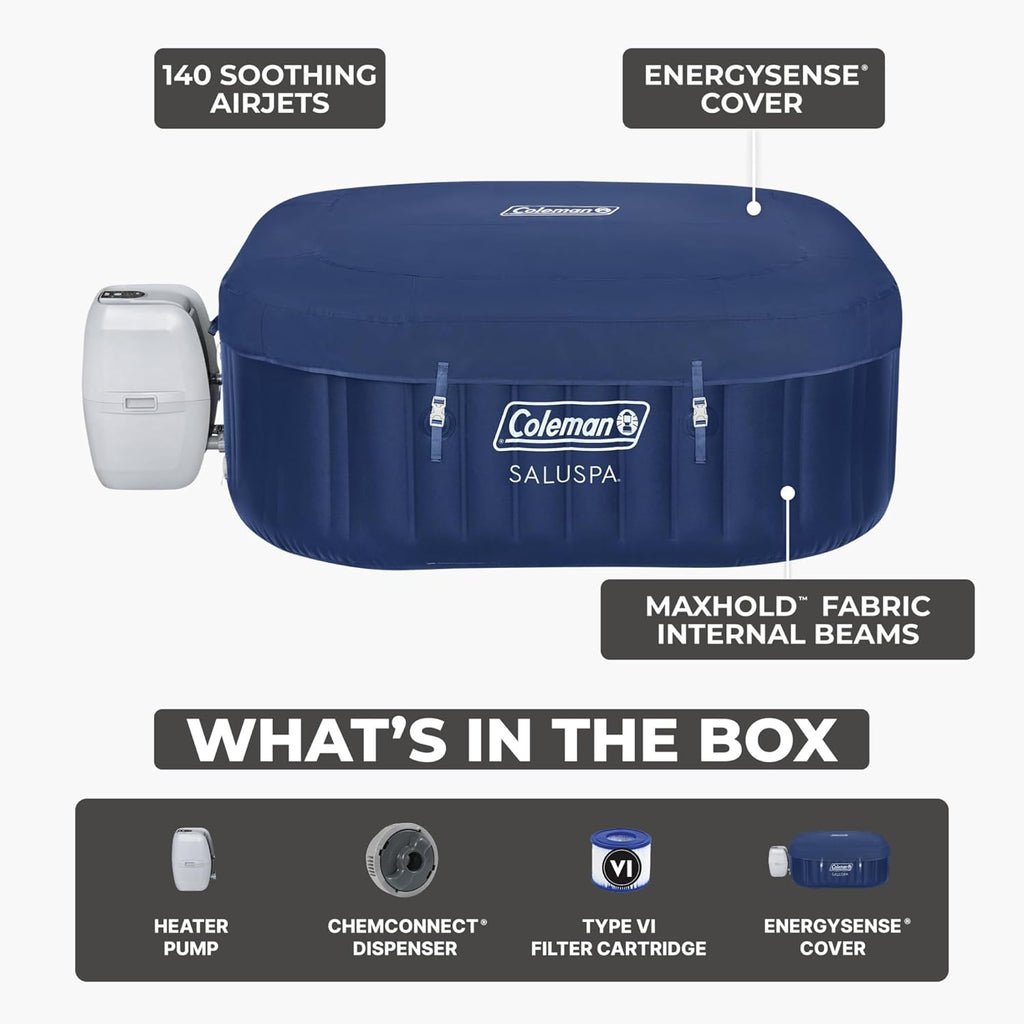 Coleman SaluSpa Atlantis AirJet Inflatable Hot Tub  4 to 6 Person Square Portable Outdoor Spa with 140 Air Jets  App Control and EnergySense Insulated Cover  71" x 28"