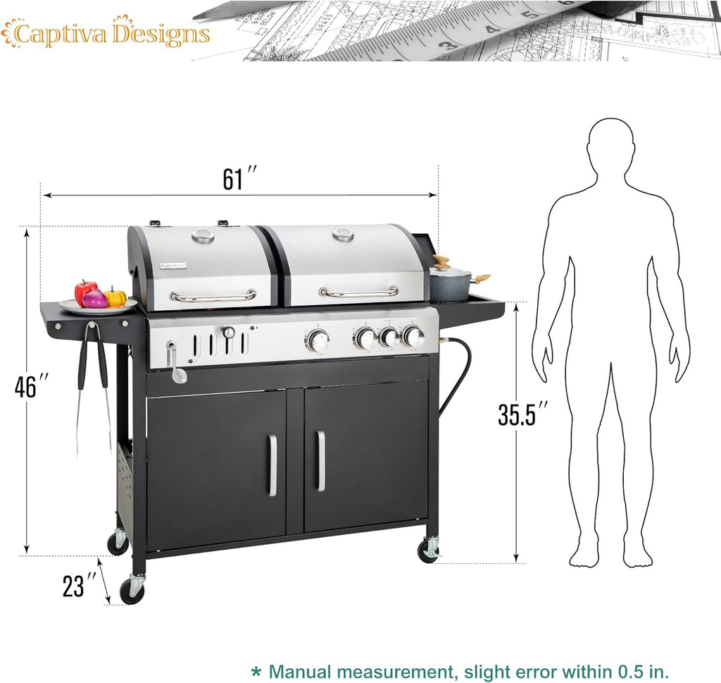Captiva Designs Propane Gas Grill and Charcoal Grill Combo with Side Burner & Porcelain-Enameled Cast Iron Grate  Dual Fuel BBQ Grill for Outdoor Events & Backyard Barbecue  690 SQIN Cooking Area