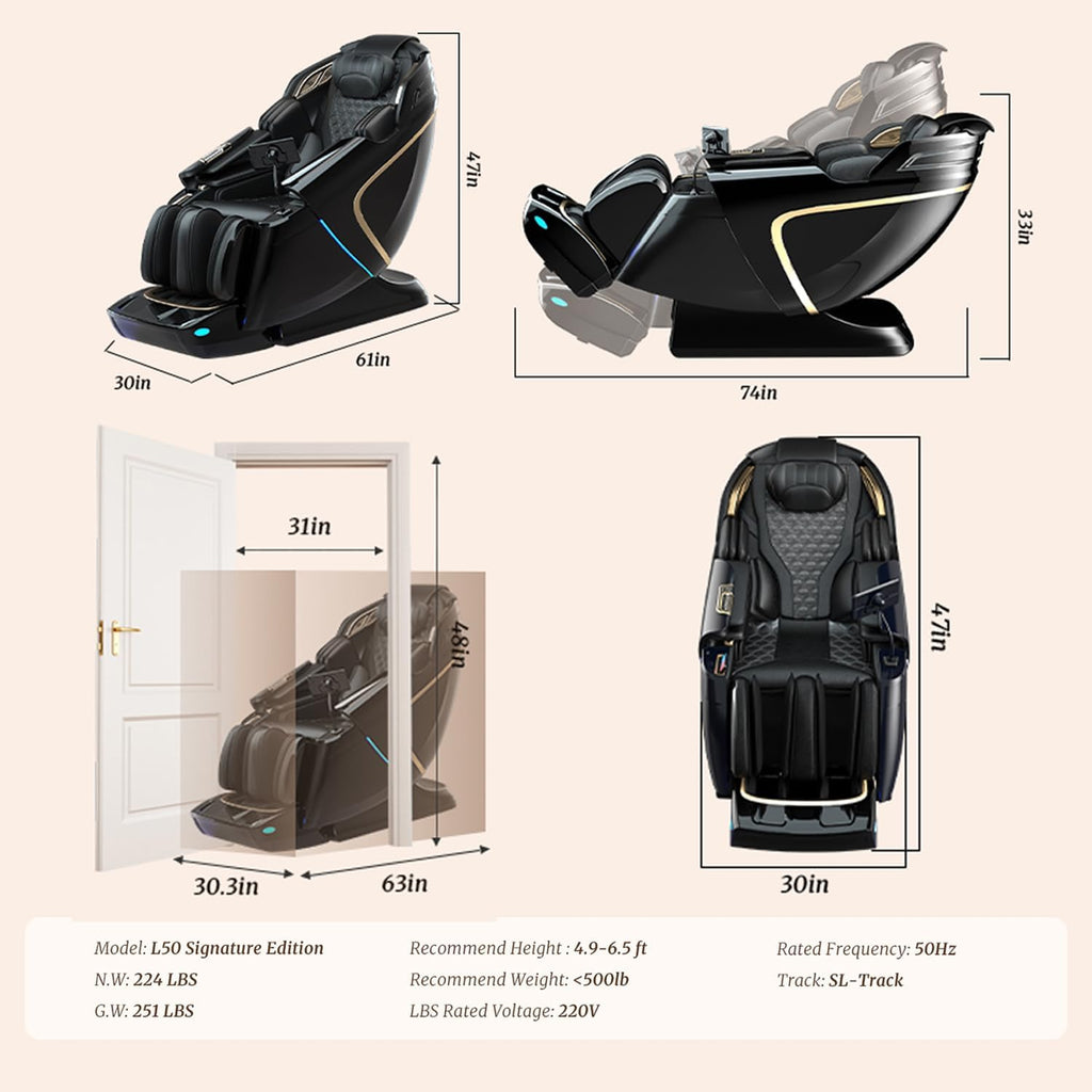 4D Zero Gravity Massage Chair 52" SL-Track Sliding Massages AI Voice Control System LCD Touch Screen 52 Airbags Soft Massage Body Scan and Calfrest Extension Massage Chairs Full Body  Wireless Charger