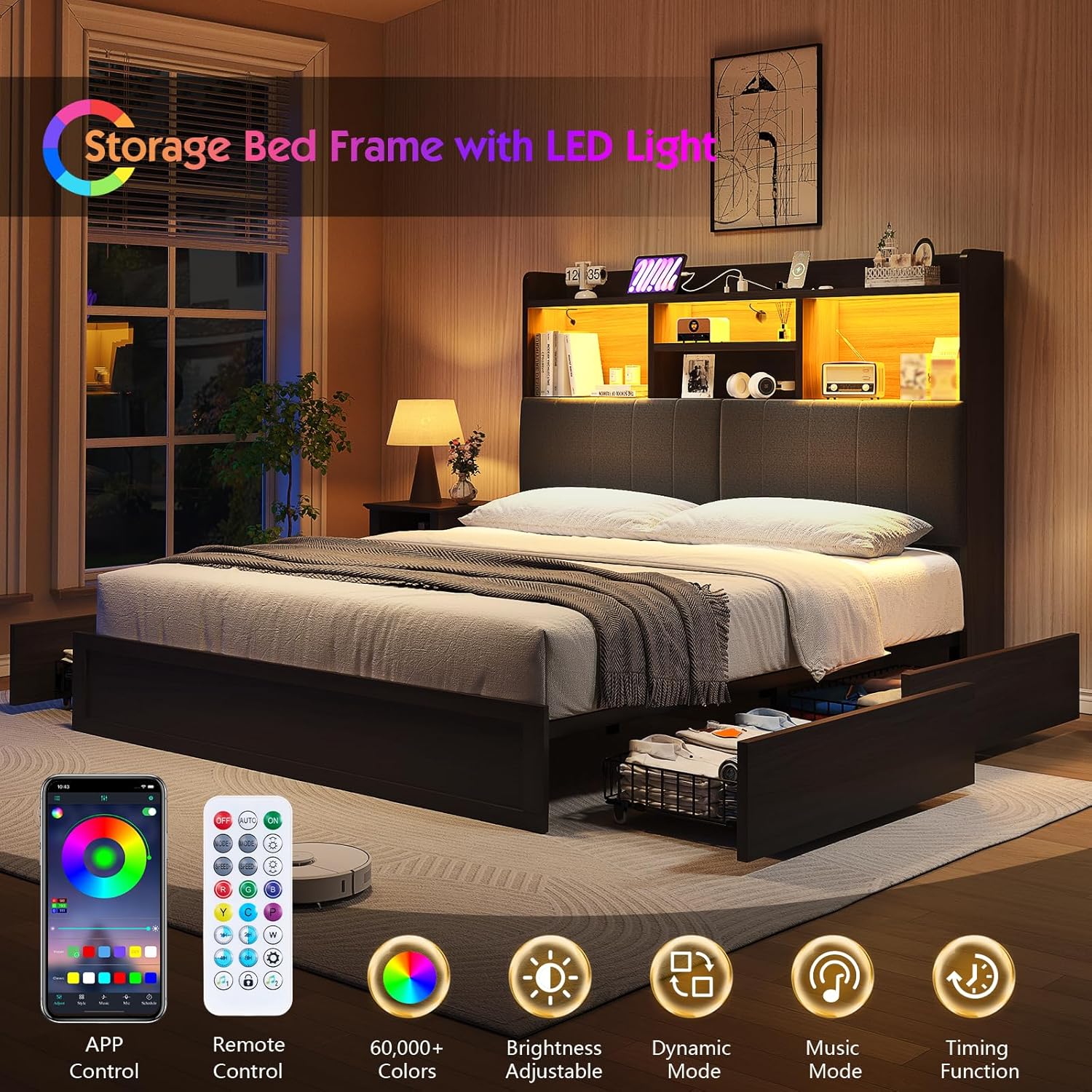 King Farmhouse Bed Frame with Bookcase Headboard and 4 Drawers, LED Storage Bed with Charging Station & Linen Upholstered, No Box Spring Needed,Black