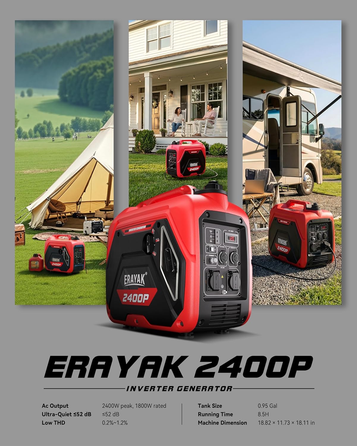 ERAYAK 2400W Portable Inverter Generator for Home Use  Super Quiet Small Generator for Camping Outdoor Emergency Power Backup  Gas Powered Engine  EPA  ECO Mode