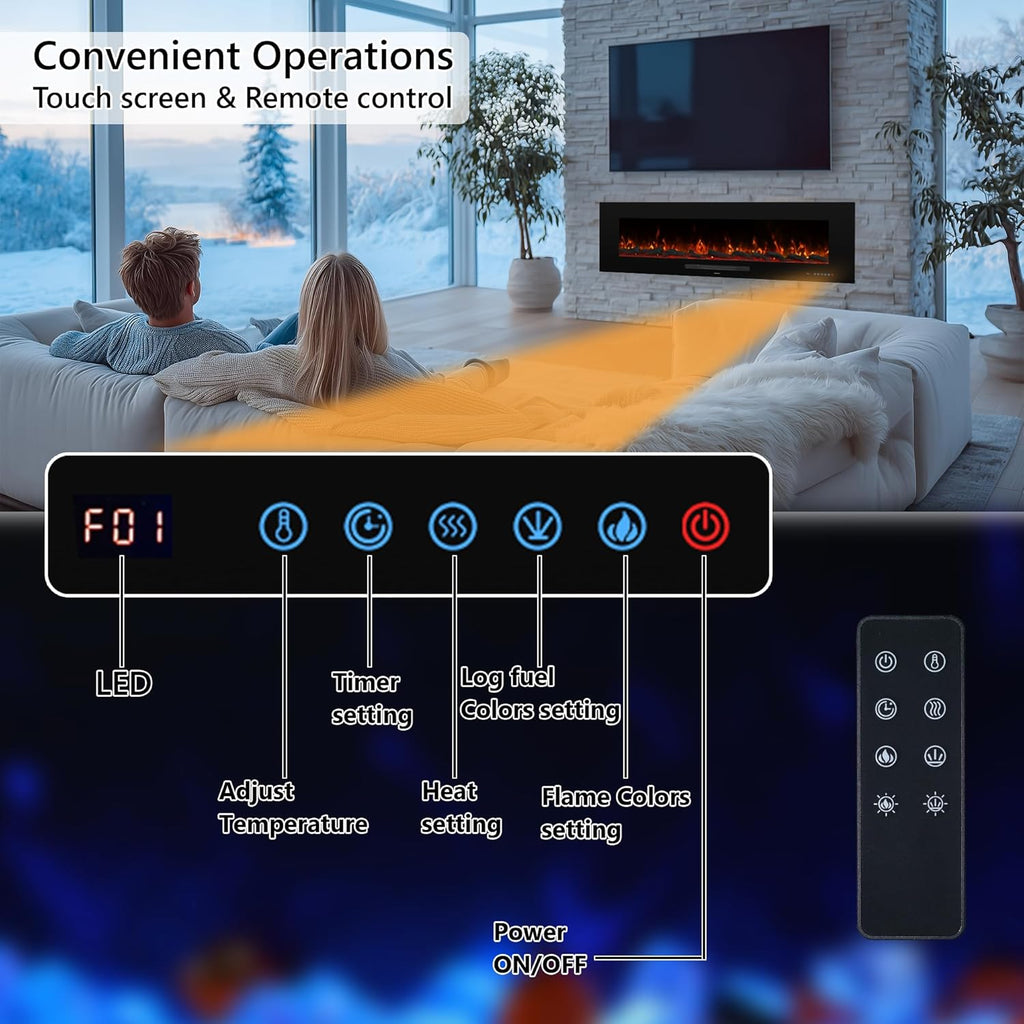 72" Electric Fireplace, Recessed & Wall Mounted Fireplace Heater 13 * 13 Colors Flame &Fuel Bed w/5 Dimmer, Touchscreen &Remote Control Temp, Overheating Protect, Hardwired, 1500W, Black