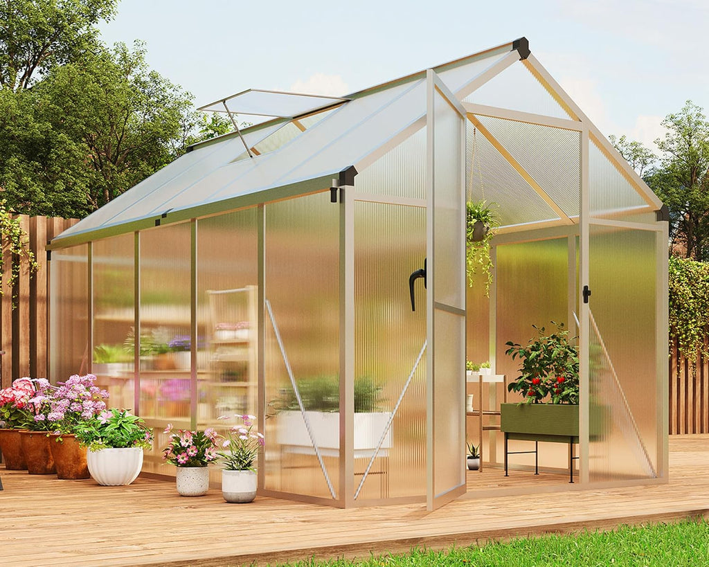6 x 10 ft Greenhouse  Greenhouses for Outside  Polycarbonate Greenhouse with Aluminum Frame  Lockable Door and Ajustable Roof Vent for Backyard  Green Houses for Outside Garden Backyard  Patio
