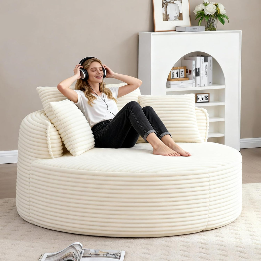 Oversized Round Chair Lounge Chaise Indoor, 53.5" Corduroy Boneless Round Chair, Fluffy Single Deep Seat Cloud Sofa Chairs, Modern Circle Chaise Lounge for Bedroom, Living Room, Beige White