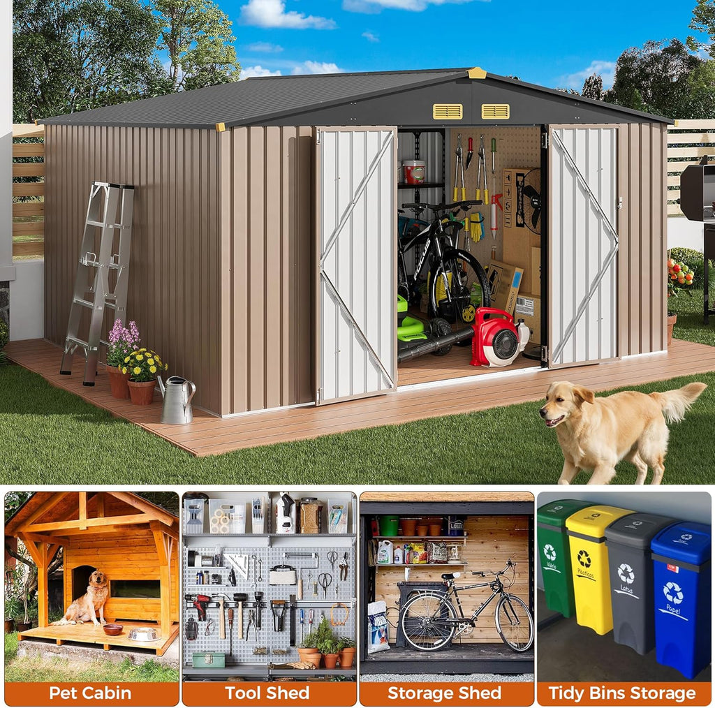 IRONCK 10x12FT Outdoor Storage Shed  Metal Garden Tool Shed with Breathable Vent and Lockable Doors  Outside Storage for Backyard  Poolside  Patio  Brown