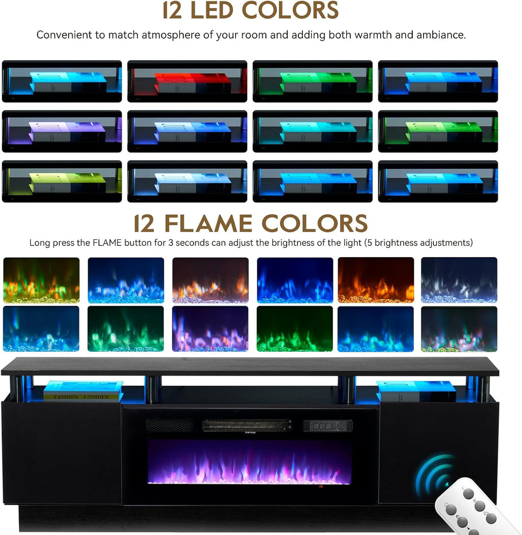 70" TV Stand for Living Room, Modern Entertainment Center & Media Console, Fits TVs up to 80", Storage Cabinet with Shelves, 36" Electric Fireplace with LED Flame (All Black)