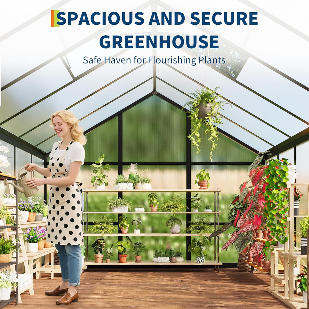 6 x 8 ft Greenhouse  Greenhouses for Outside  Polycarbonate Greenhouse with Aluminum Frame  Lockable Door and Ajustable Roof Vent for Backyard  Green Houses for Outside Garden Backyard  Patio