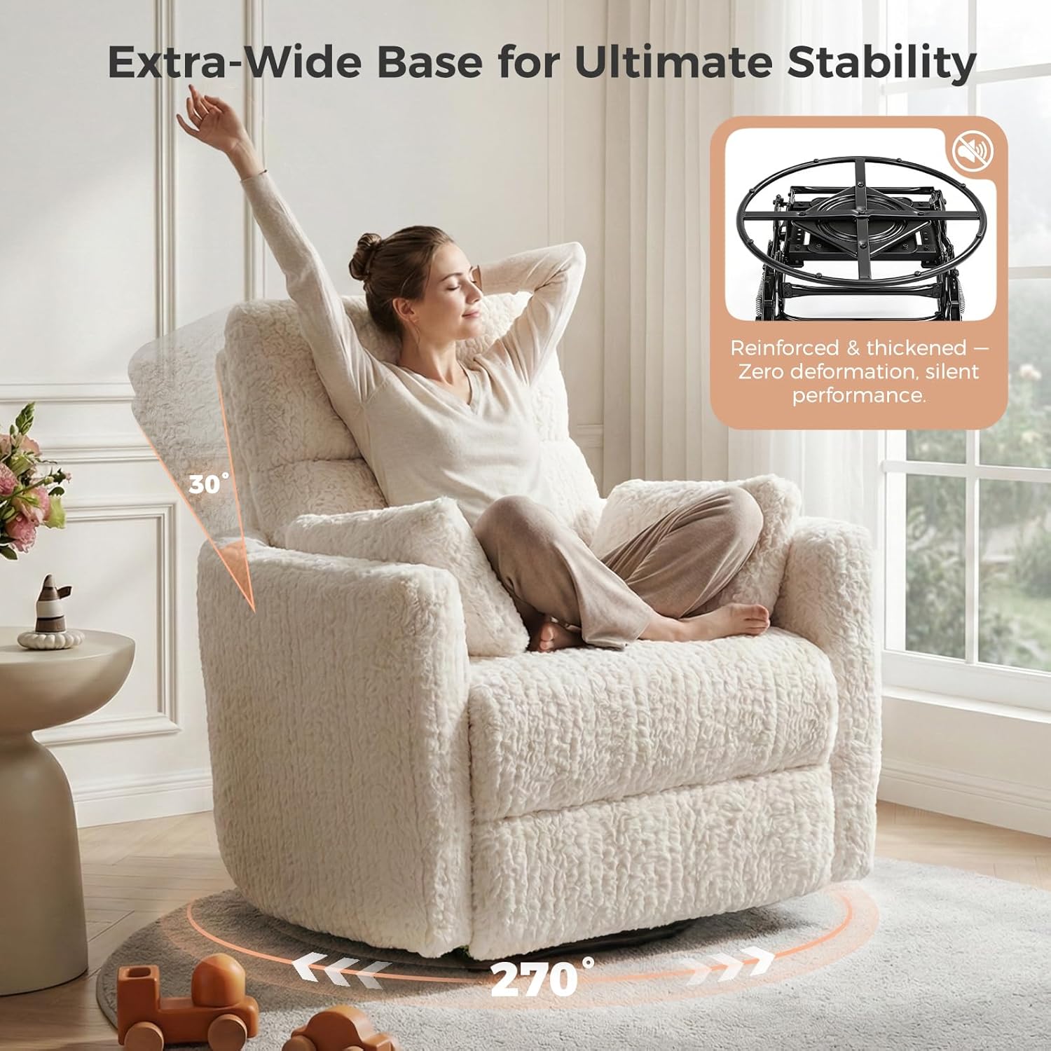 HUSFU Power Swivel Rocker Recliner Chair for Adults, Nursery Glider Rocking Chair with Nightlight and USB & Type-C Ports, Comfy Plush Recliner Chairs for Living Room, Bedroom, Beige