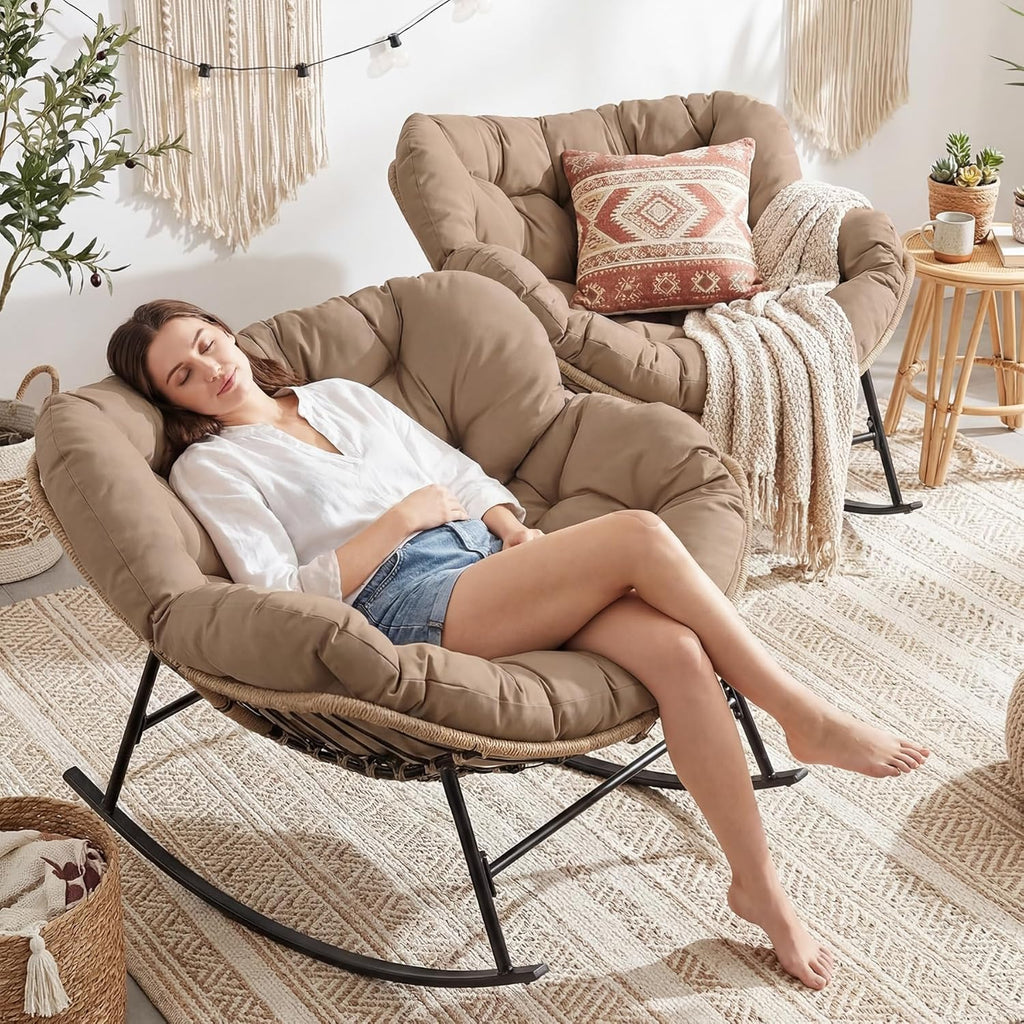 NICESOUL 2-Piece Outdoor Patio Papasan Rocking Chair  Cozy Oversized Wicker Gliding Lounge Chairs for Balcony  Patio or Porch  Wide & Large Double Royal Rocker with Comfy Padded Cushion  Brown/Tan