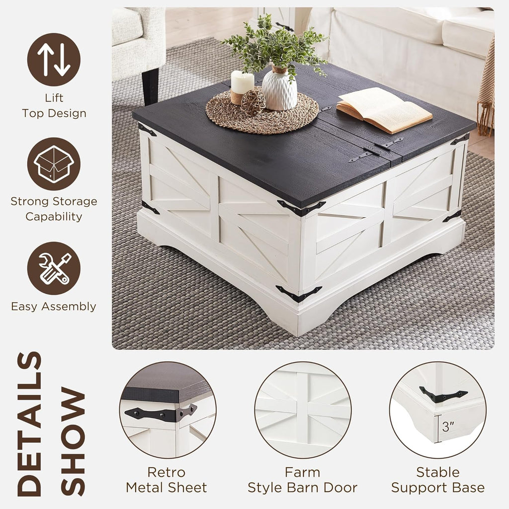 JXQTLINGMU Farmhouse Lift Top Coffee Table with Storage, 36" Wood Square Center Table with Large Hidden Compartment, Rustic Lift Tabletop Dining Table for Home Living Room, White