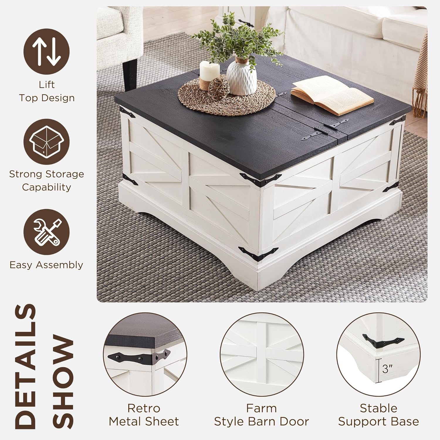 JXQTLINGMU Farmhouse Lift Top Coffee Table with Storage, 36" Wood Square Center Table with Large Hidden Compartment, Rustic Lift Tabletop Dining Table for Home Living Room, White