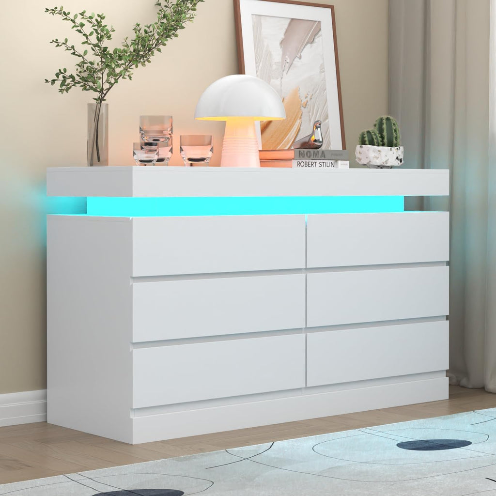 6 Drawer Dresser with Power Outlet, Dresser with LED Light, Modern Chest of Drawers for Closet, Double Wide Drawer Organizer Cabinet for Bedroom, Living Room (White, 6 Drawers)
