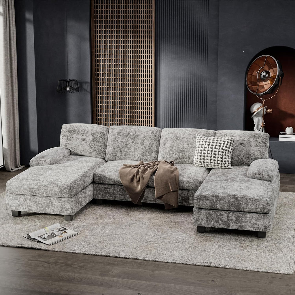 Furniwell Convertible Sectional Sofa Couch, 4 Seat Sofa Set for Living Room U-Shaped Modern Fabric Modular Sofa Sleeper with Double Chaise & Memory Foam (Fabric, Grey)