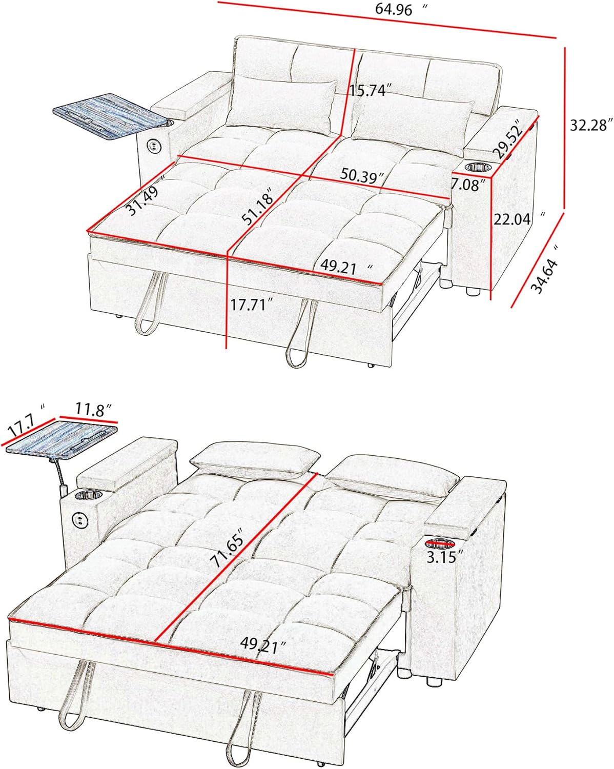 65'' 3-in-1 Folding Convertible Sofa Bed, Pullout Sofa, Modern Chenille Fabric, 360° Swivel Side Table, Easy Assembly, Perfect for Living Room, Black