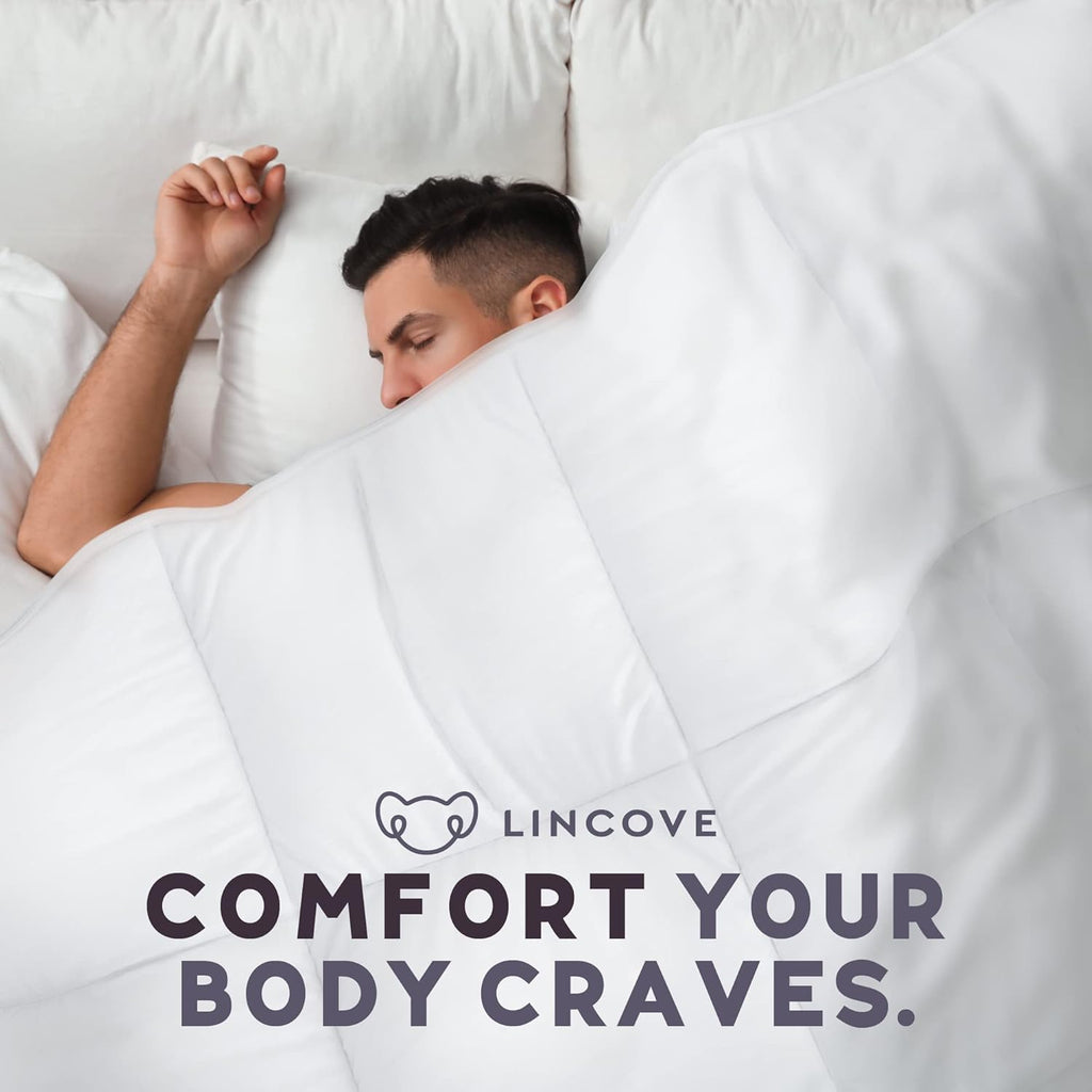 Lincove Canadian Down Comforter – Extremely Soft and Lightweight Duvet Insert – Corner Loops in Each Corner, 600 Thread Count - 100% Cotton Sateen Shell, Queen