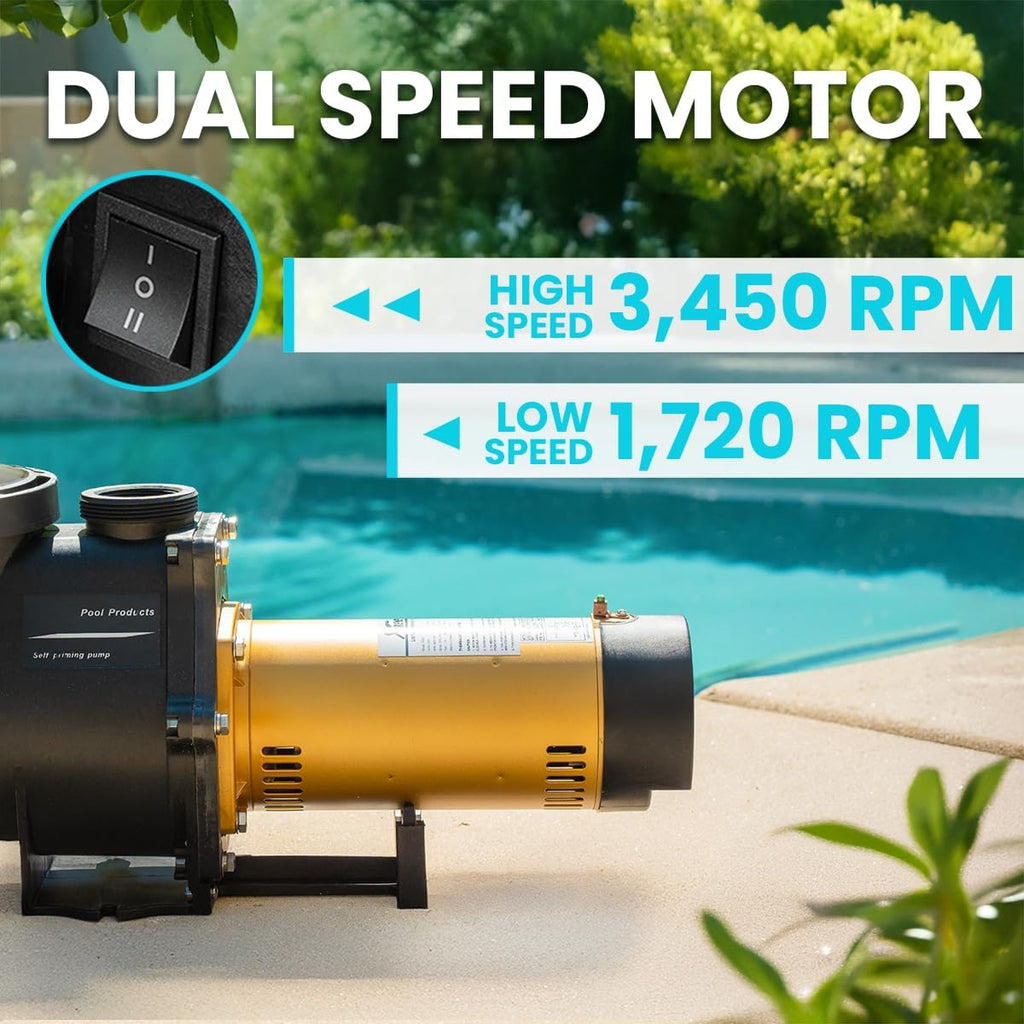 XtremepowerUS 2HP In-Ground Swimming Pool Pump Dual Speed High Flow 2" Inlet 230V High Flo 2-Speed w/ Slip-On Fitting Adapter  5 820 GPH with Filter Basket