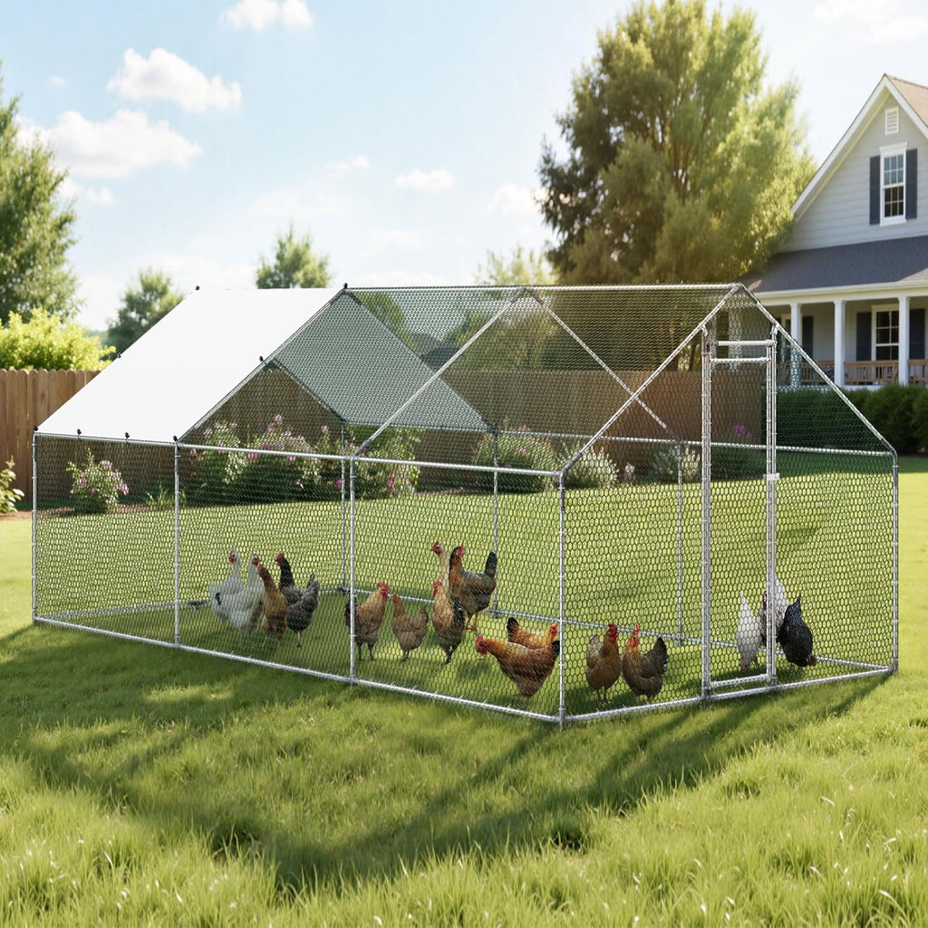 VEVOR Large Metal Chicken Coop  19.7x9.8x6.5ft Walk-in Chicken Runs for Yard with Cover  Spire Roof Hen House with Security Lock for Outdoor and Backyard  Farm  Duck Rabbit Cage Poultry Pen