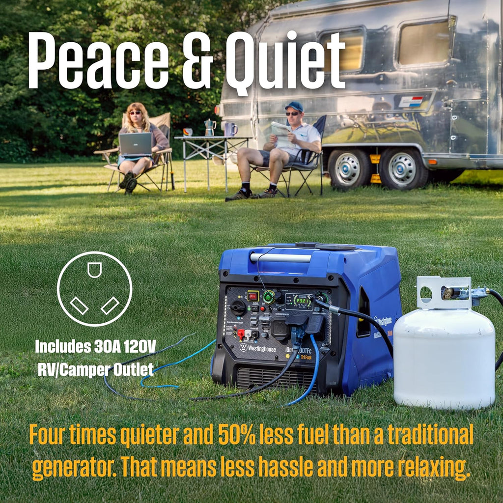 Westinghouse 8200 Peak Watt Tri-Fuel Portable Inverter Generator  Remote Electric Start  Transfer Switch Ready  Gas  Propane  Natural Gas  Low THD  Safe for Electronics  Parallel Capable  CO Sensor