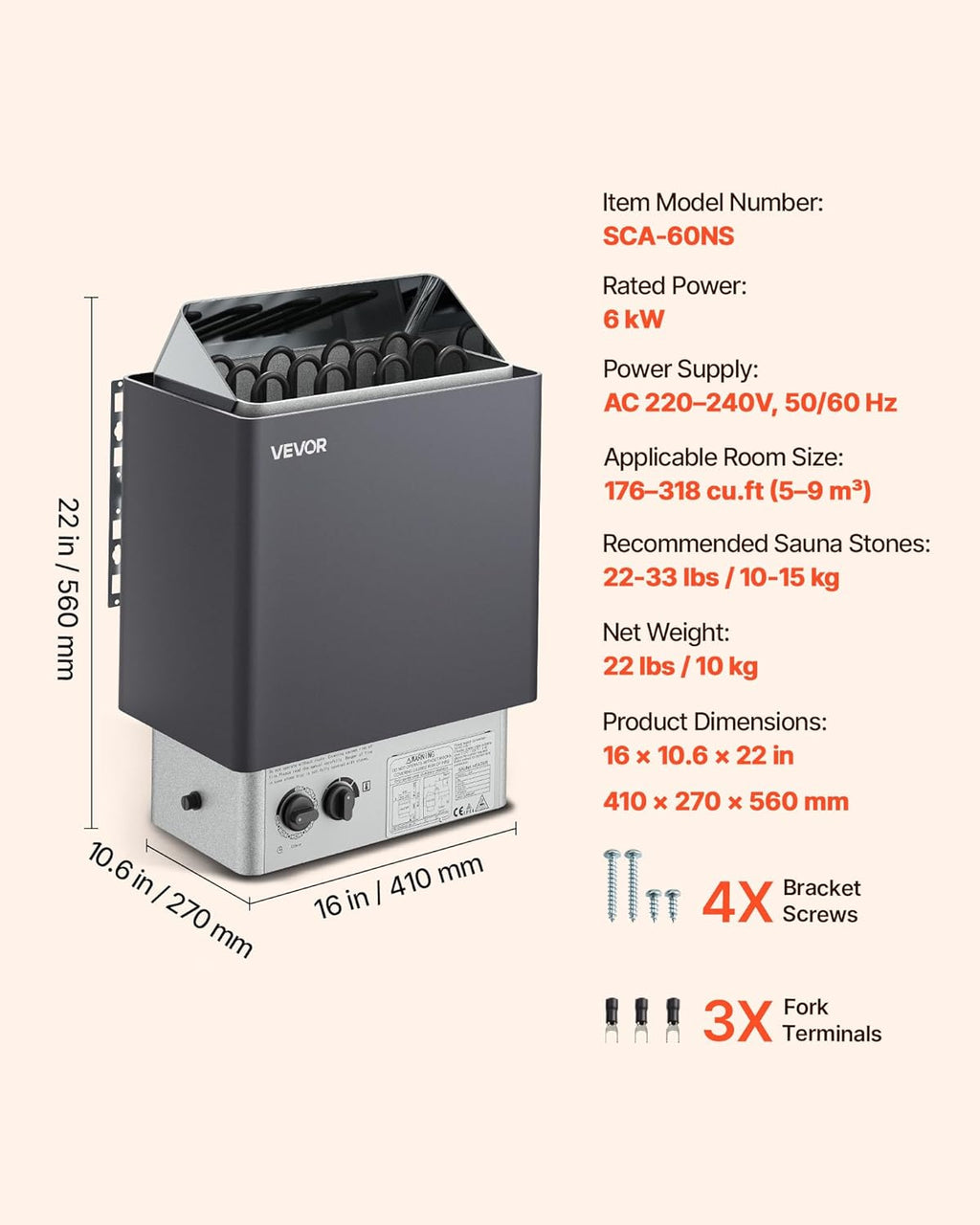 VEVOR Sauna Heater 220V Electric Sauna Stove  Steam Bath Sauna Heate 3h Timer and Adjustable Temp for Max. 176-318 Cubic Feet  Home Hotel Spa Shower Use (6KW) FCC Certification
