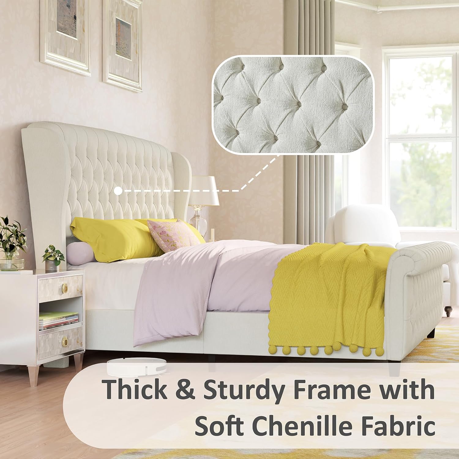 Queen Size Platform Bed Frame, Chenille Upholstered Sleigh Bed with Curved Headboard & Footboard, Deep Button Tufted, Wood Slats Support, No Box Spring Needed, Cream