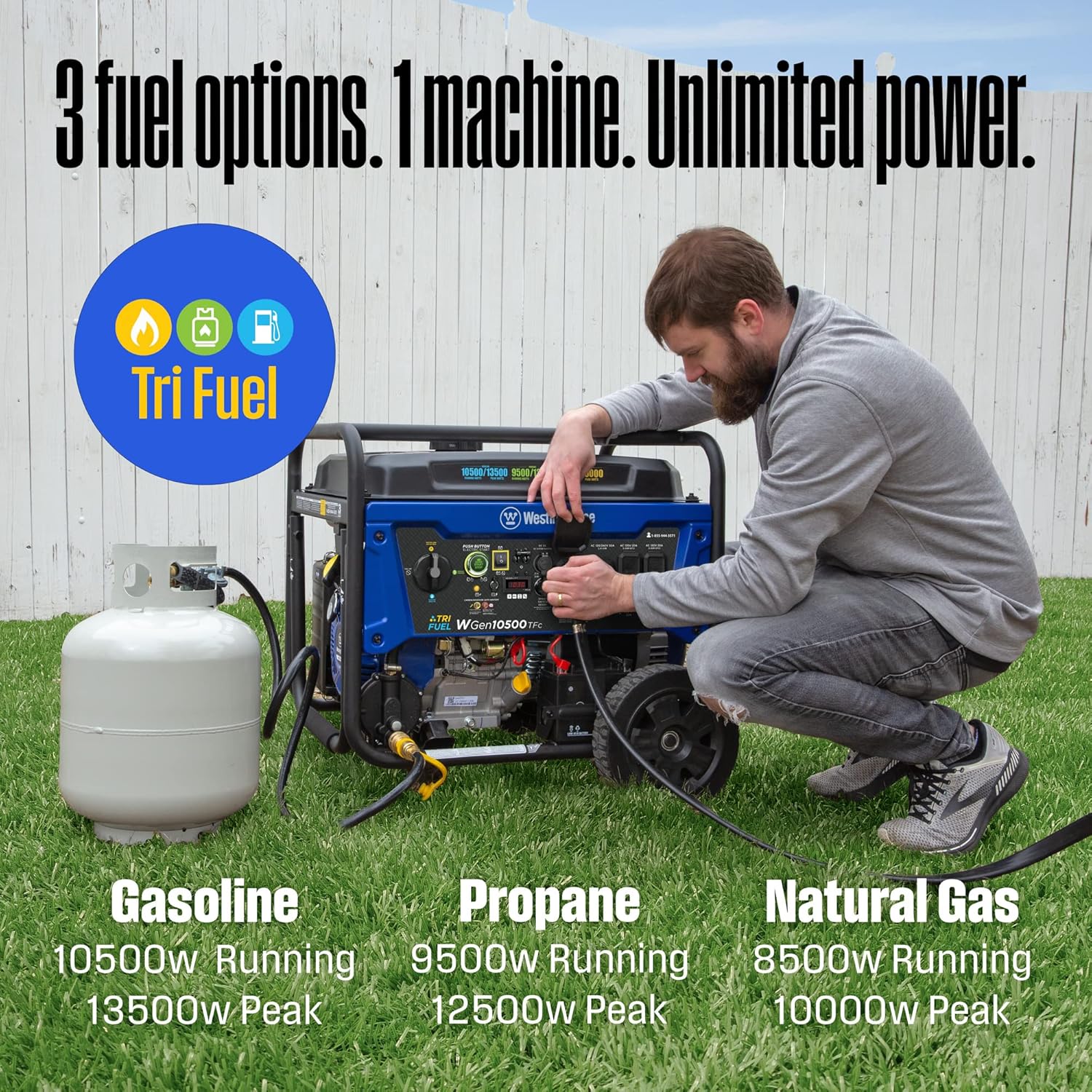 Westinghouse 13500 Peak Watt Tri-Fuel Home Backup Portable Generator  Remote Electric Start  Transfer Switch Ready  Gas  Propane  and Natural Gas Powered
