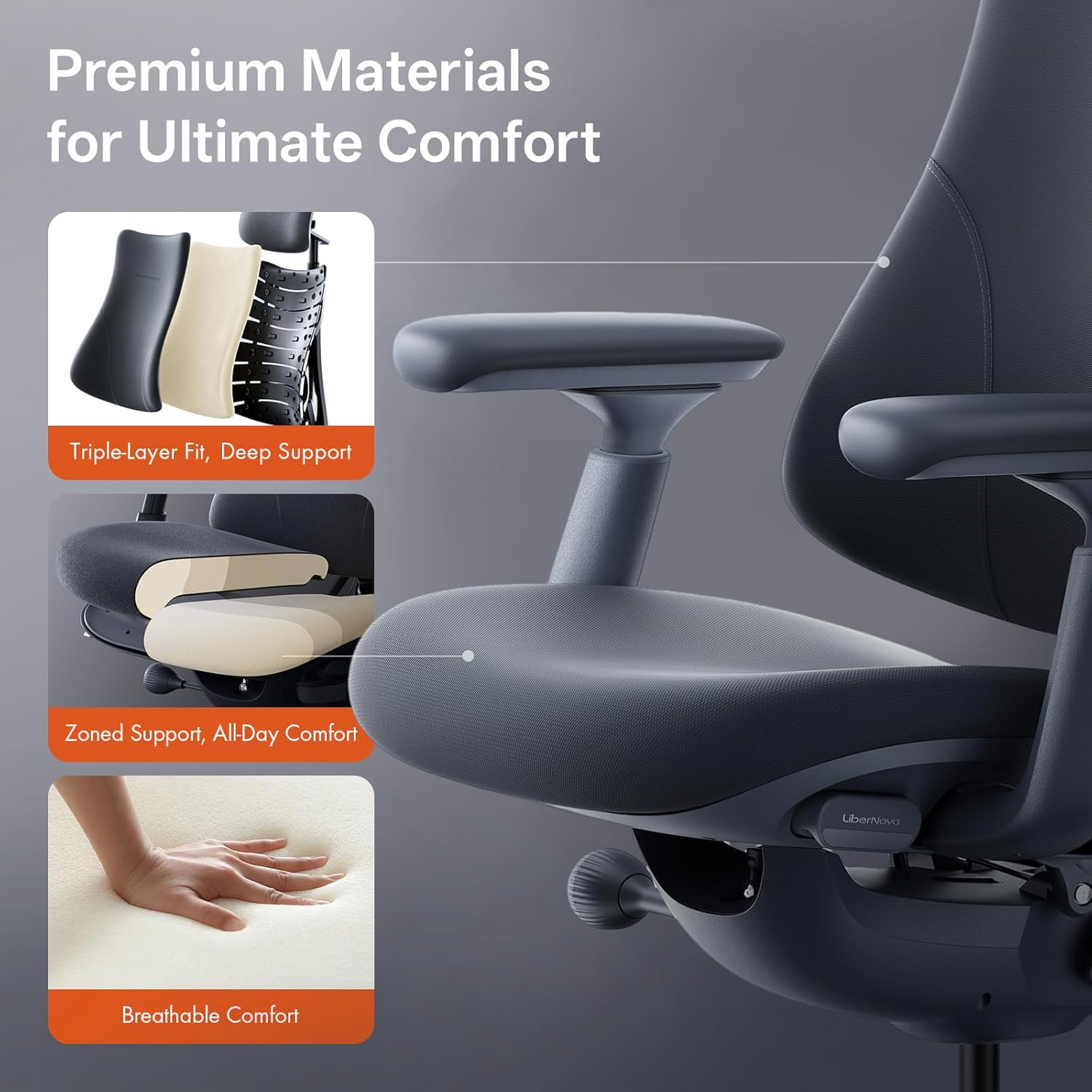 LiberNovo Dynamic Ergonomic Office Chair - Comfy Adjustable Desk Chair with Adaptive Lumbar Support, 160° Recline & Built-in Spine Stretch for Back Comfort, Home Office Long Hours Use, Gray+48cm